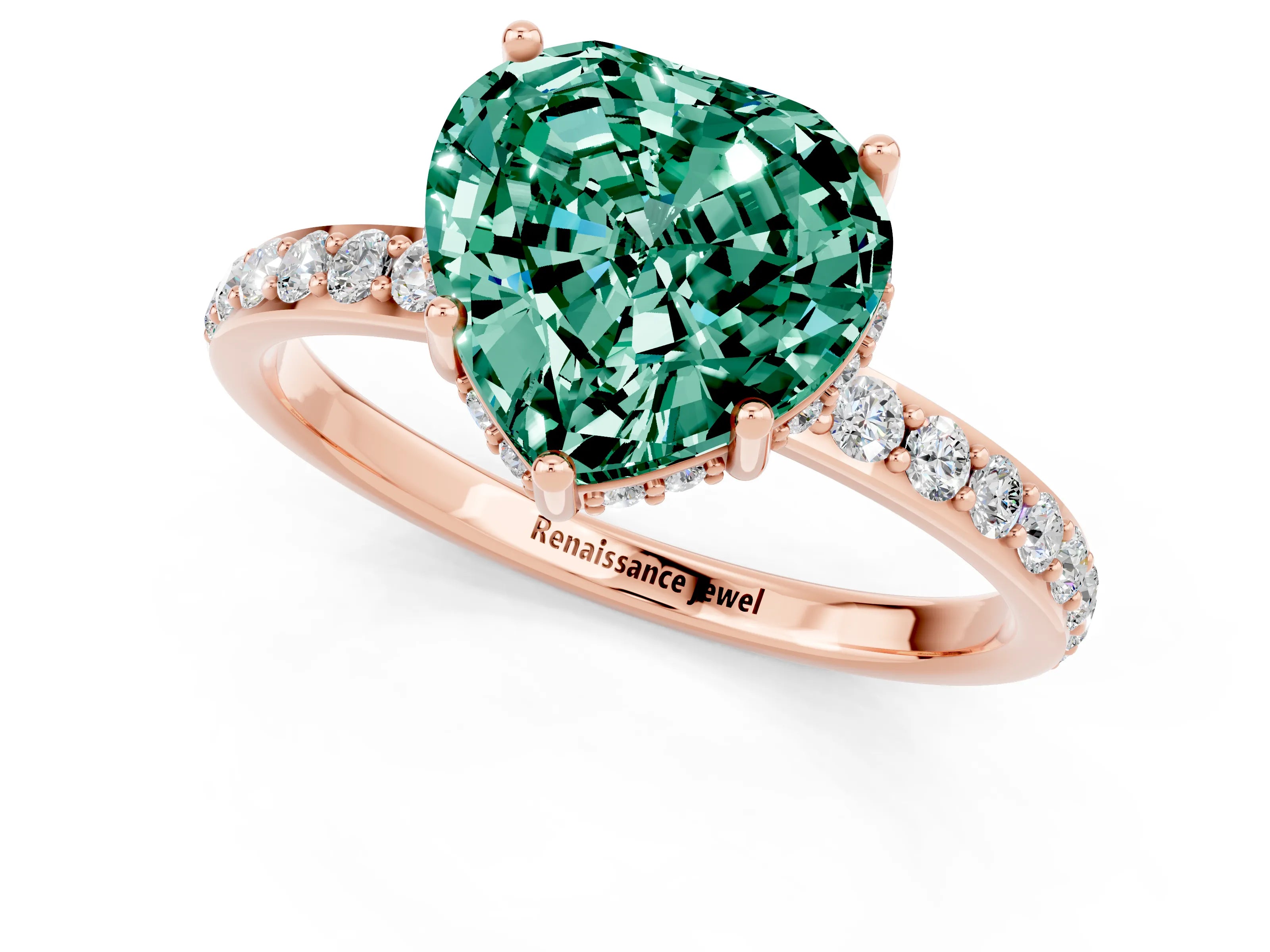 Rose gold Heart Cut Green Sapphire Solitaire Ring with Pavé Band and Hidden Halo_13