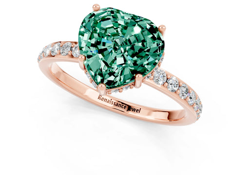 Rose gold Heart Cut Green Sapphire Solitaire Ring with Pavé Band and Hidden Halo_13