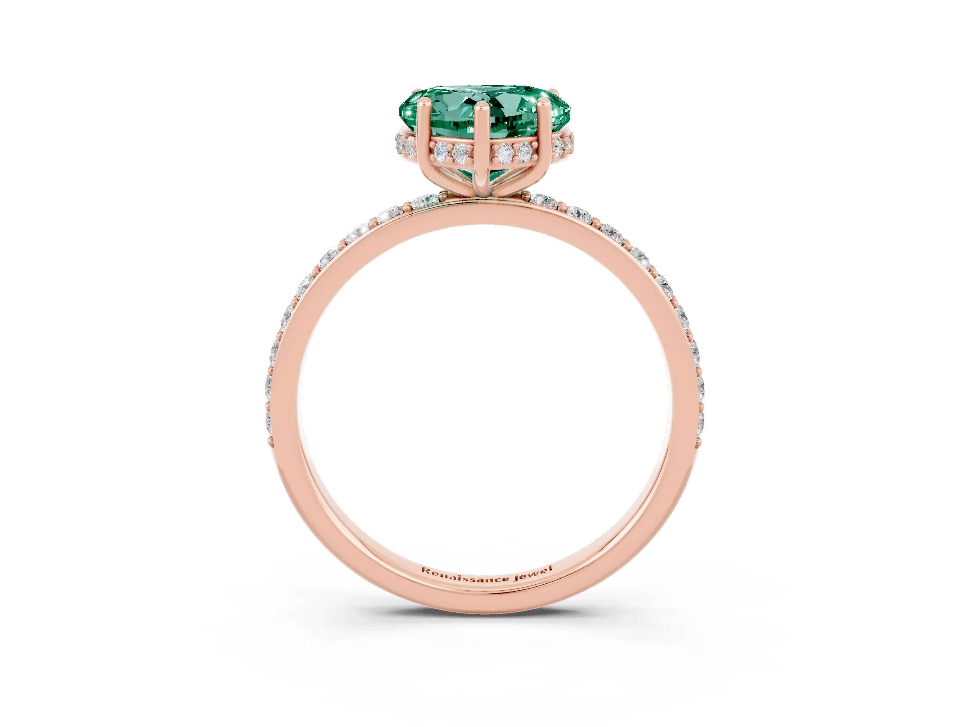 Rose gold Heart Cut Green Sapphire Solitaire Ring with Pavé Band and Hidden Halo_15
