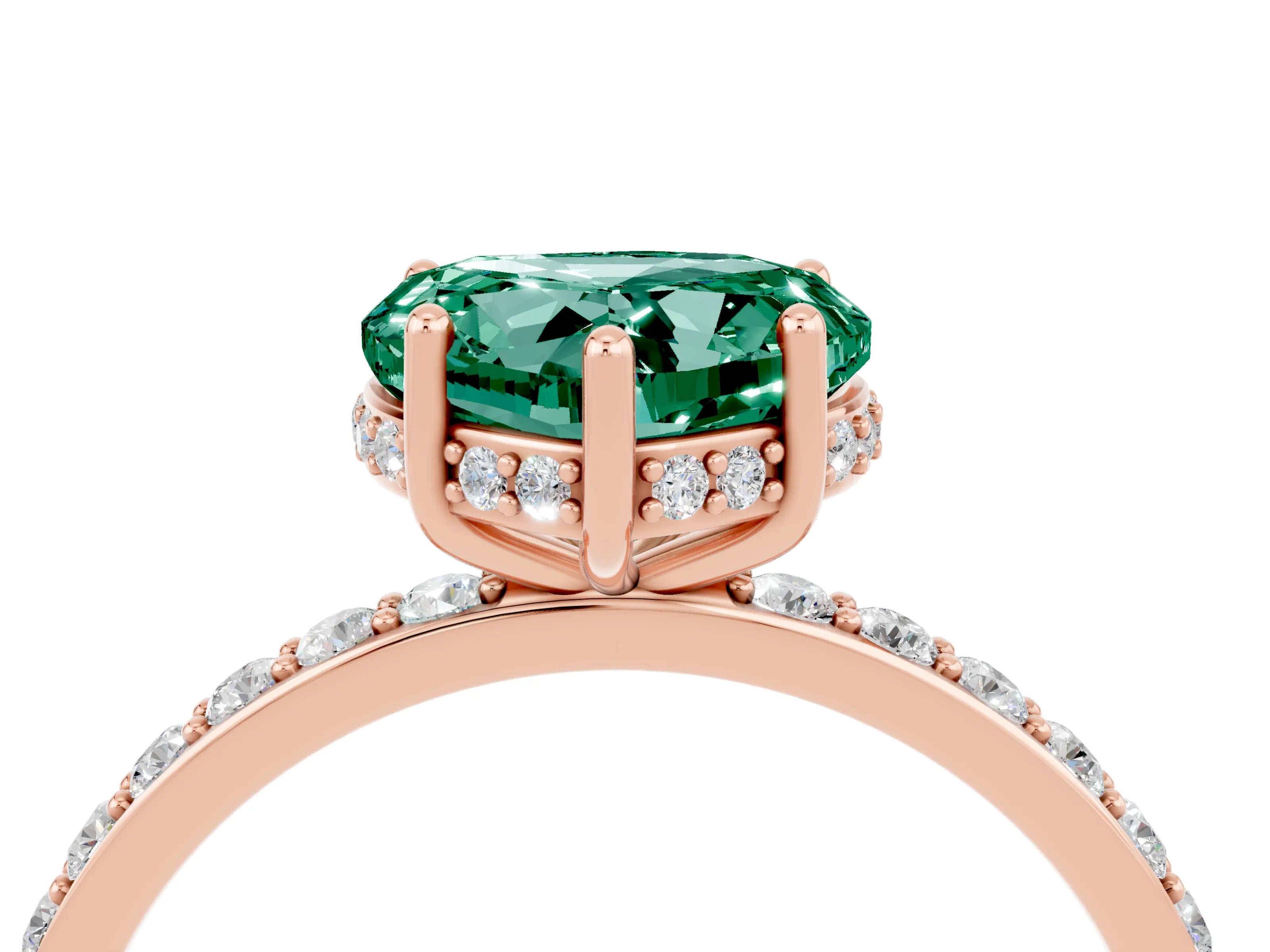 Rose gold Heart Cut Green Sapphire Solitaire Ring with Pavé Band and Hidden Halo_16