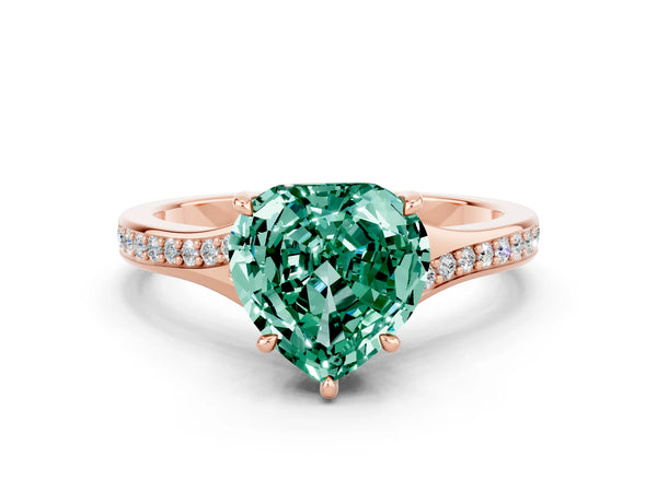 Rose gold Heart Cut Green Sapphire Solitaire Ring with Pavé Band and Prong Setting