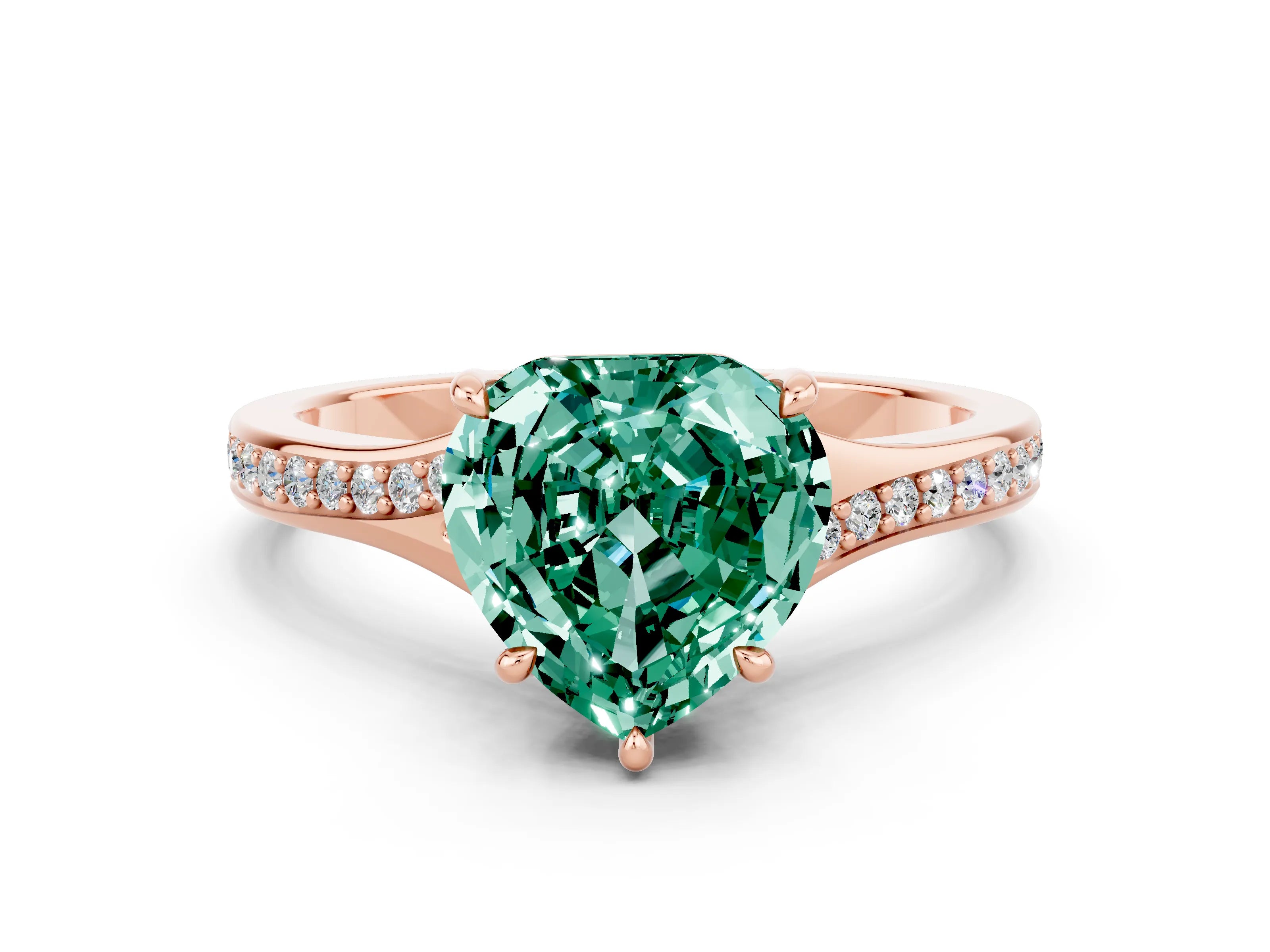 Rose gold Heart Cut Green Sapphire Solitaire Ring with Pavé Band and Prong Setting_12