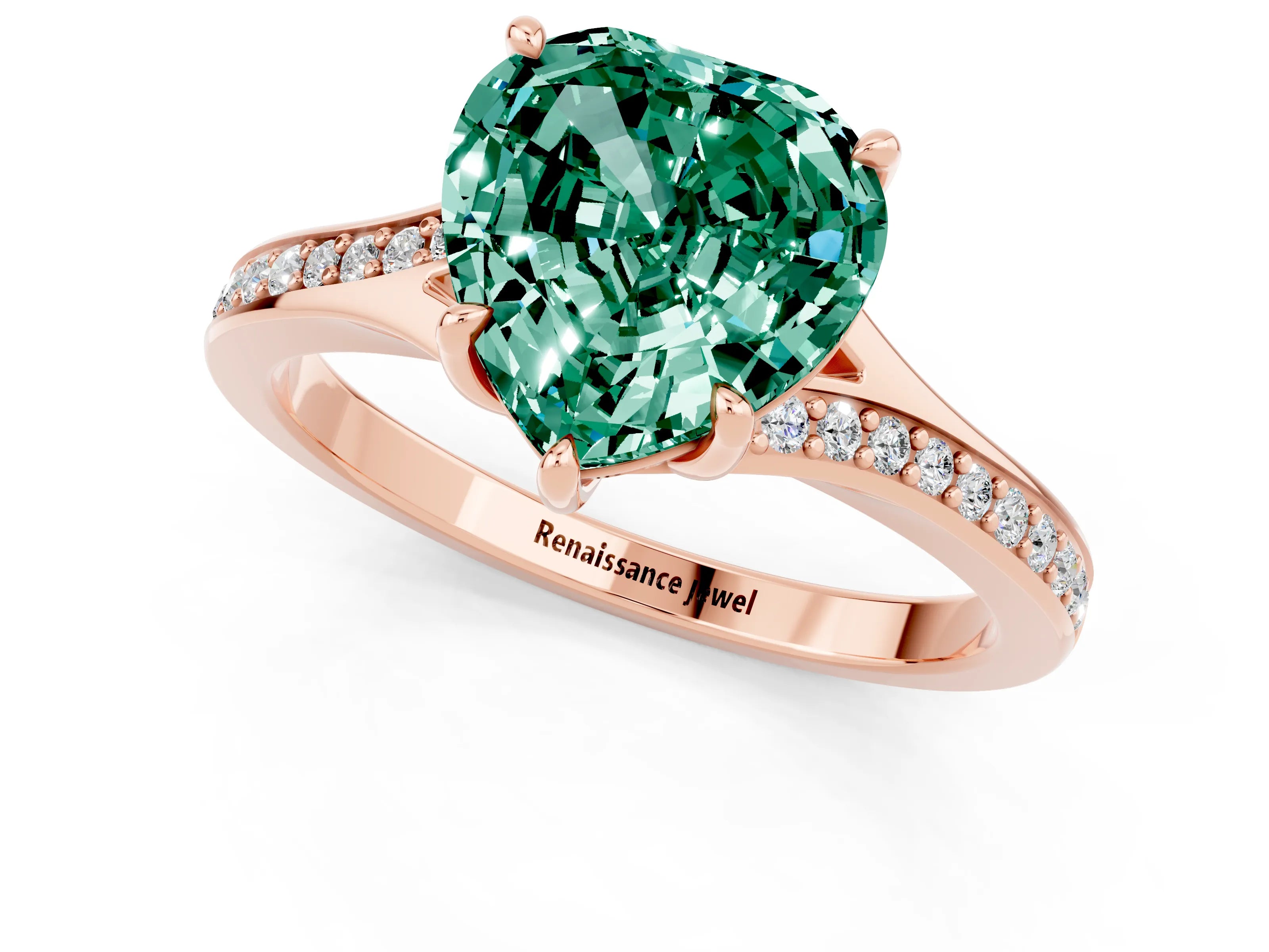 Rose gold Heart Cut Green Sapphire Solitaire Ring with Pavé Band and Prong Setting_13
