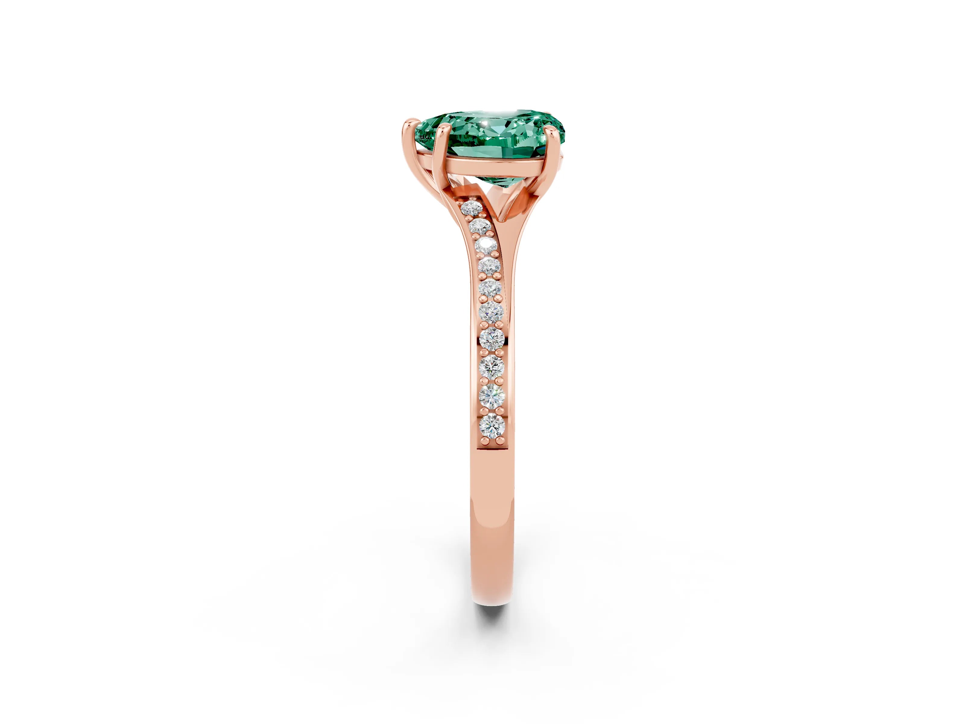 Rose gold Heart Cut Green Sapphire Solitaire Ring with Pavé Band and Prong Setting_14