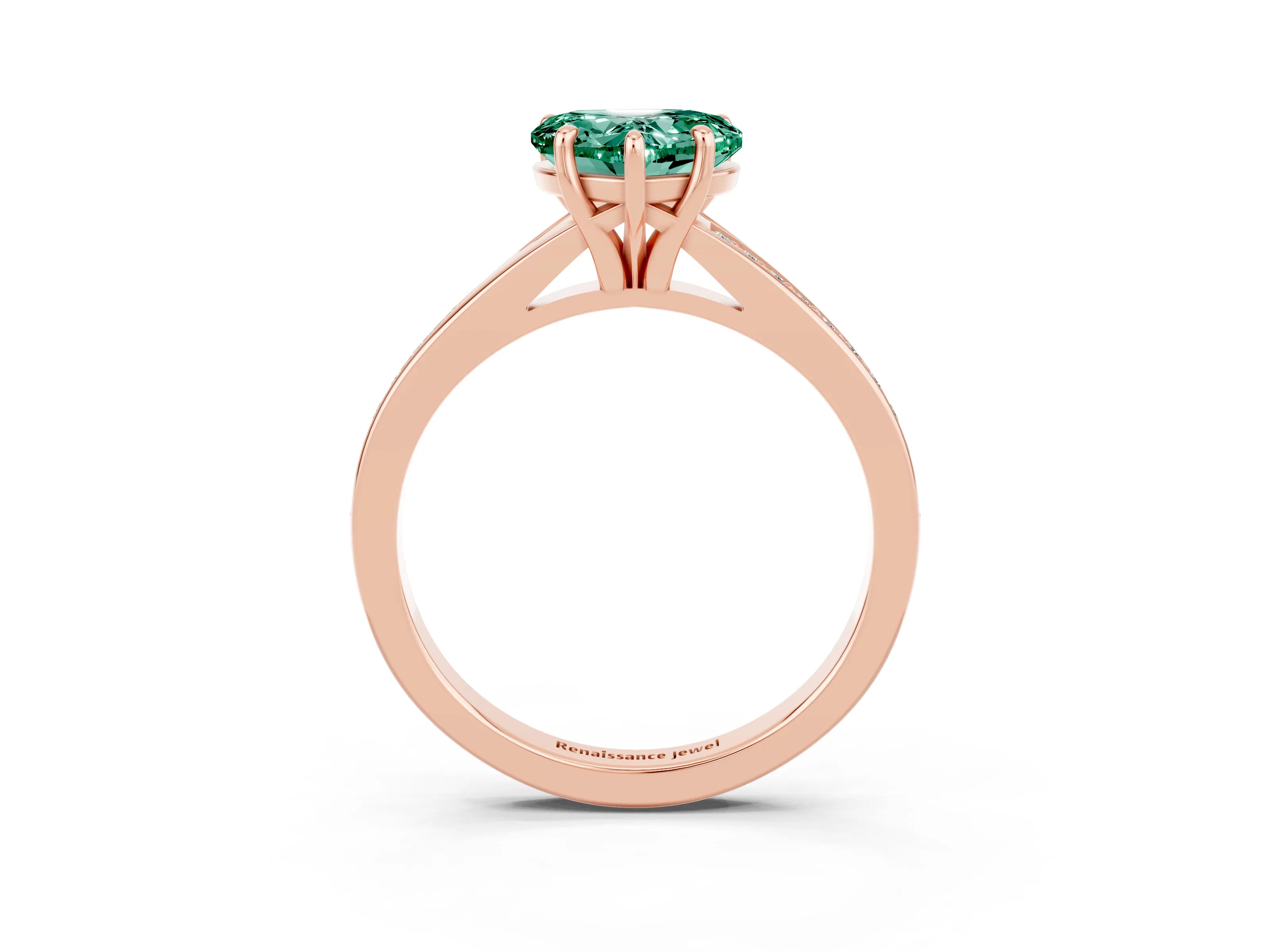 Rose gold Heart Cut Green Sapphire Solitaire Ring with Pavé Band and Prong Setting_15