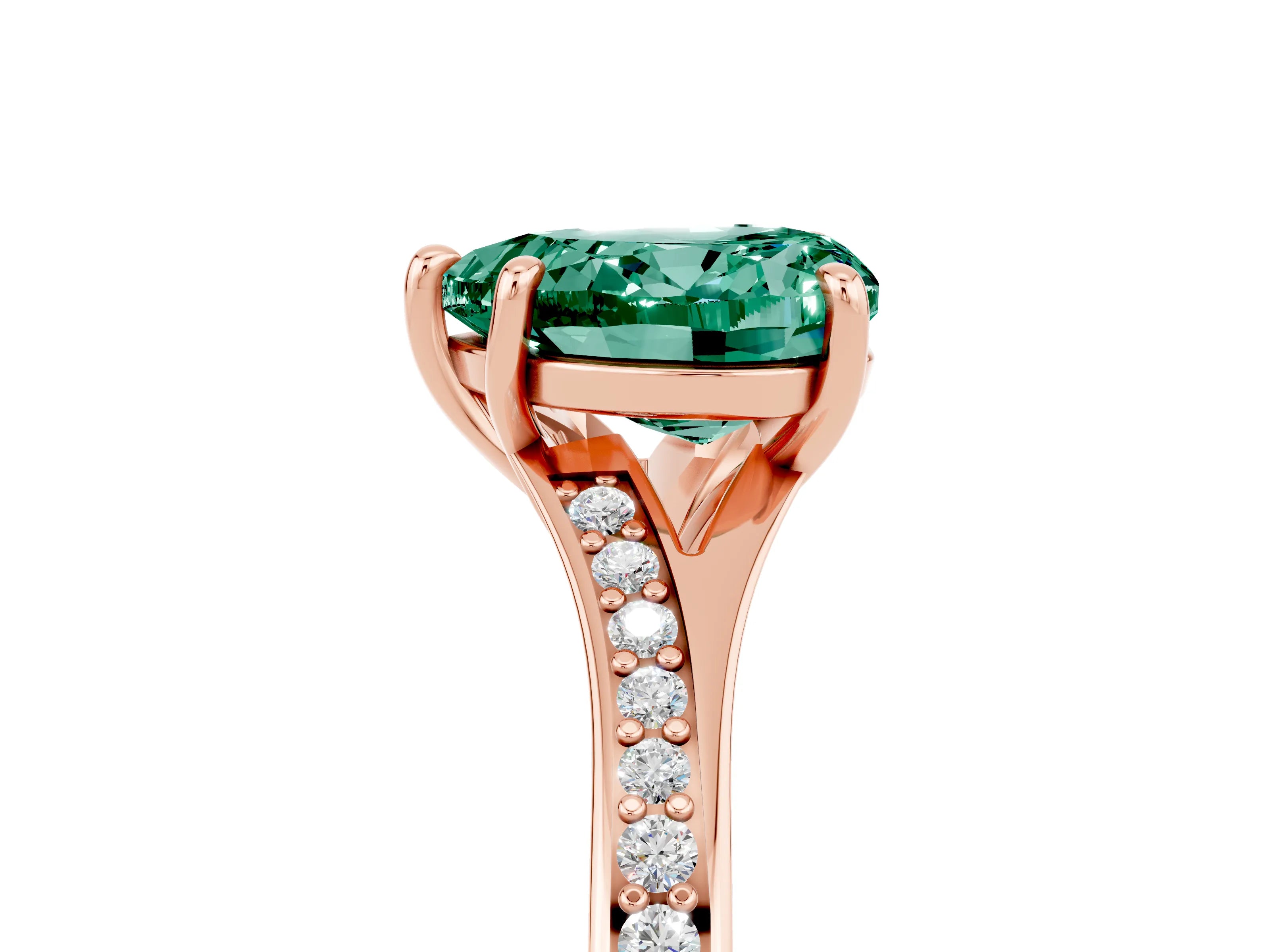 Rose gold Heart Cut Green Sapphire Solitaire Ring with Pavé Band and Prong Setting_17