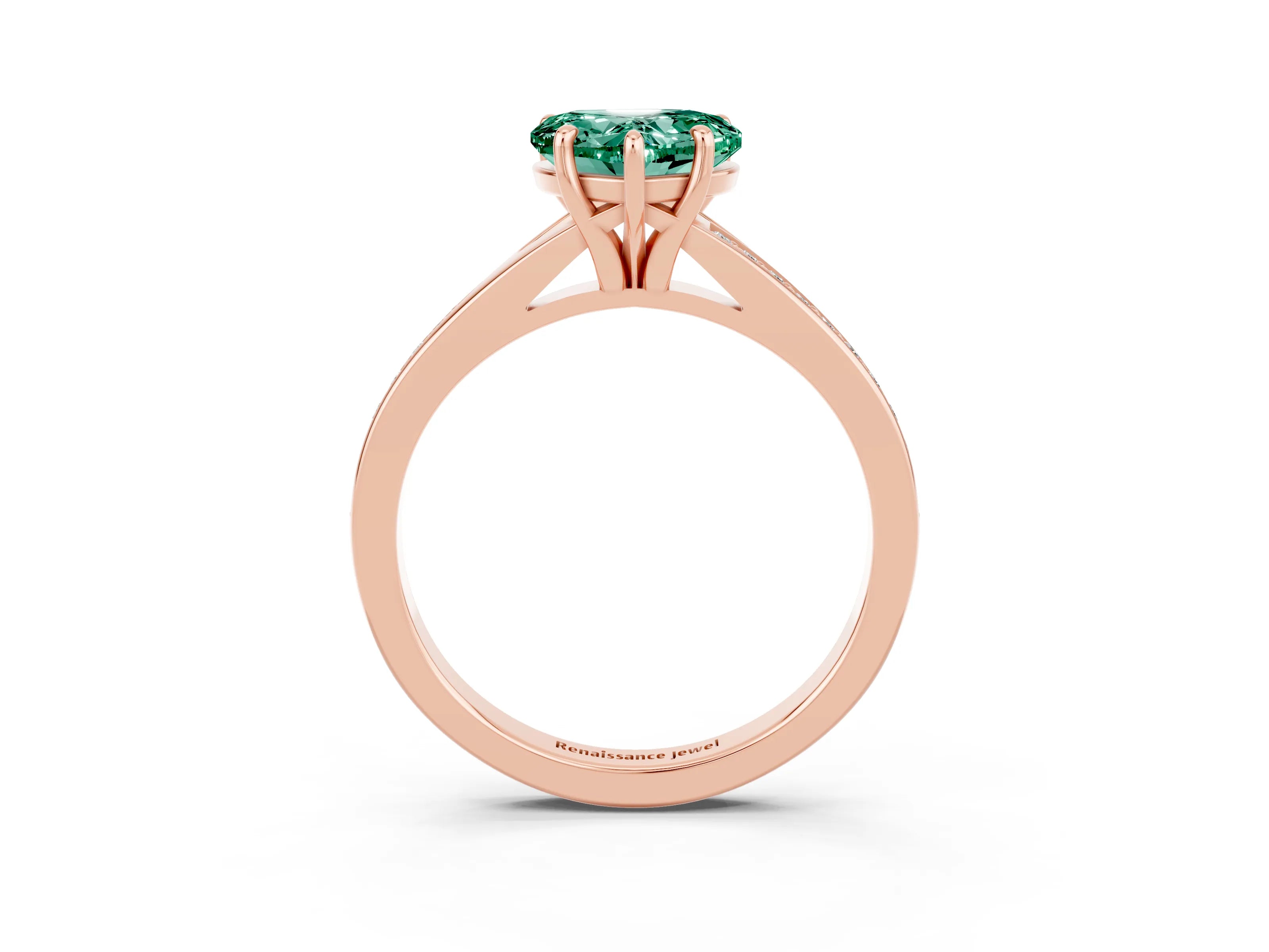 Rose gold Heart Cut Green Sapphire Solitaire Ring with Pavé Band and Prong Setting_3