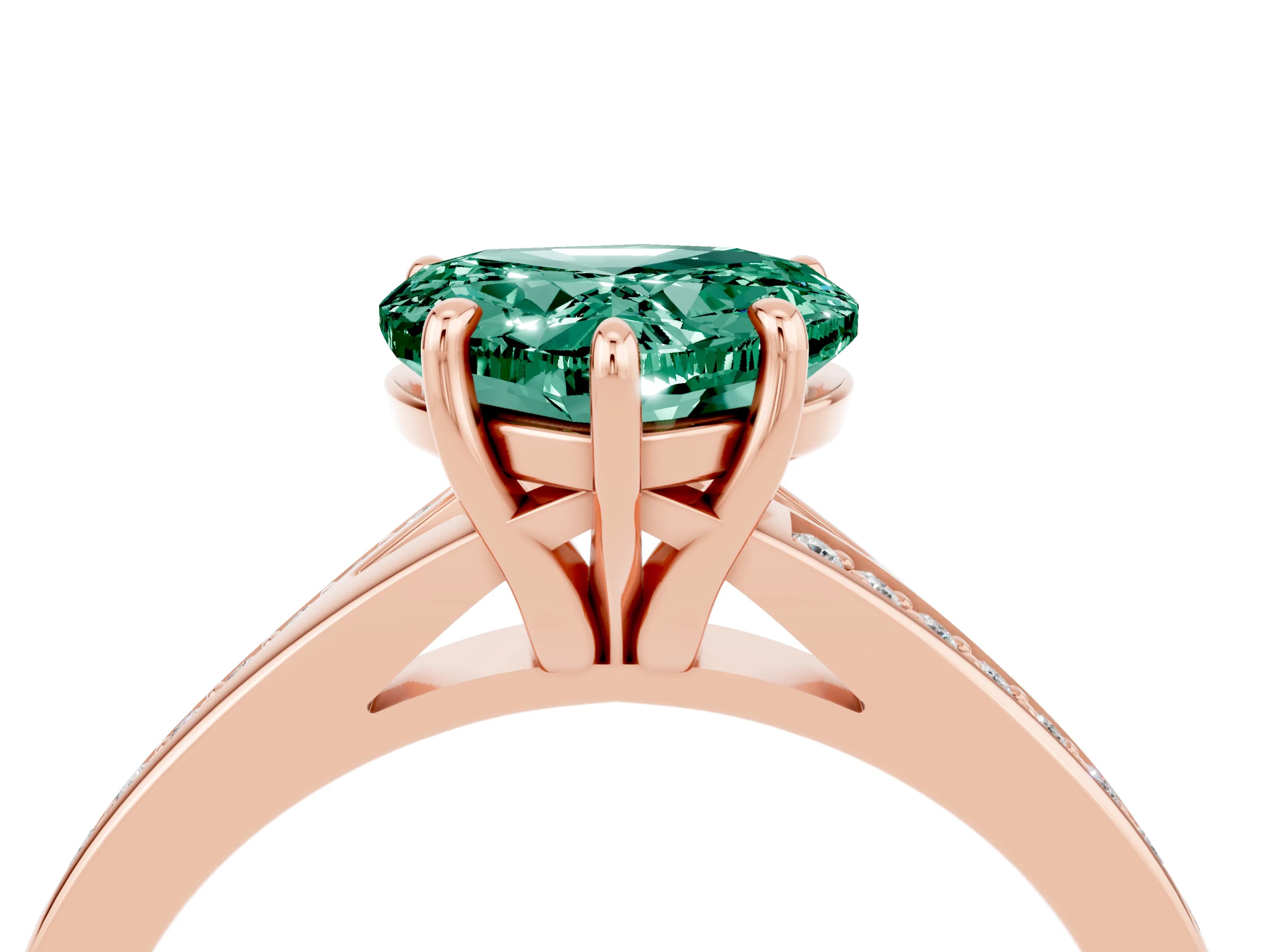Rose gold Heart Cut Green Sapphire Solitaire Ring with Pavé Band and Prong Setting_4