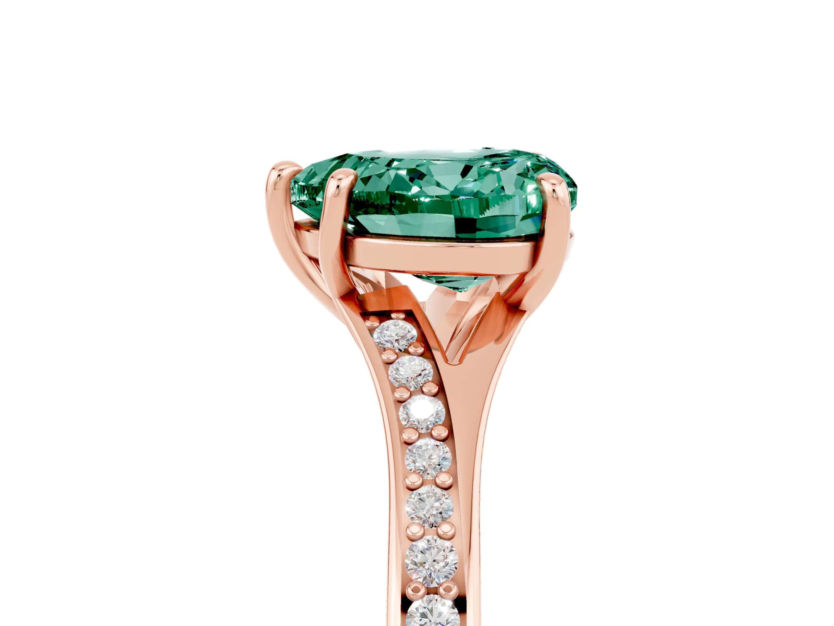 Rose gold Heart Cut Green Sapphire Solitaire Ring with Pavé Band and Prong Setting_5