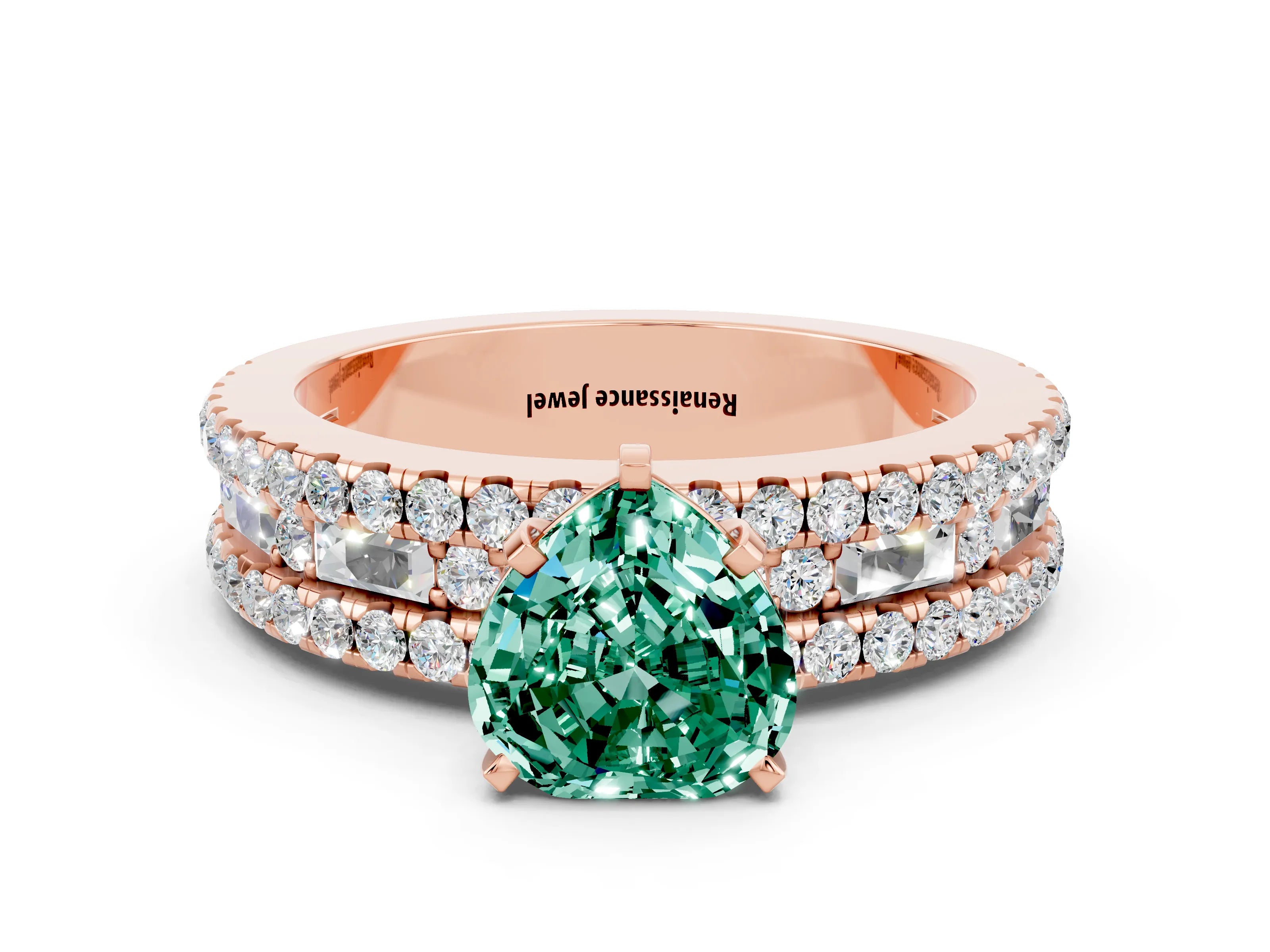 Rose gold Heart Cut Green Sapphire Solitaire Ring with Pavé and Channel Set Band