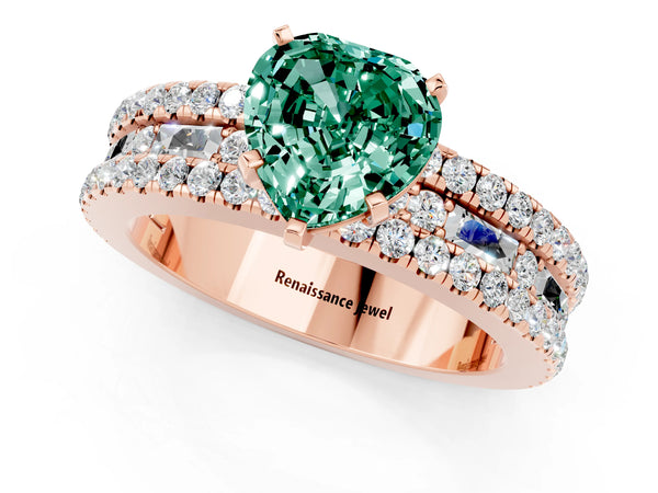 Rose gold Heart Cut Green Sapphire Solitaire Ring with Pavé and Channel Set Band