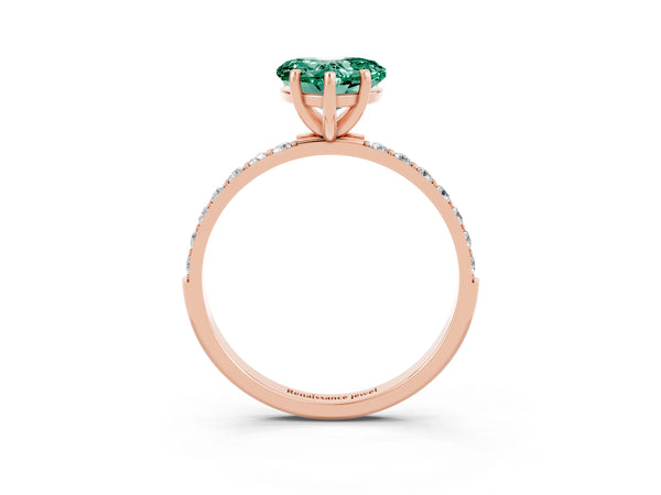 Rose gold Heart Cut Green Sapphire Solitaire Ring with Round  Pavé Band and Prong Setting