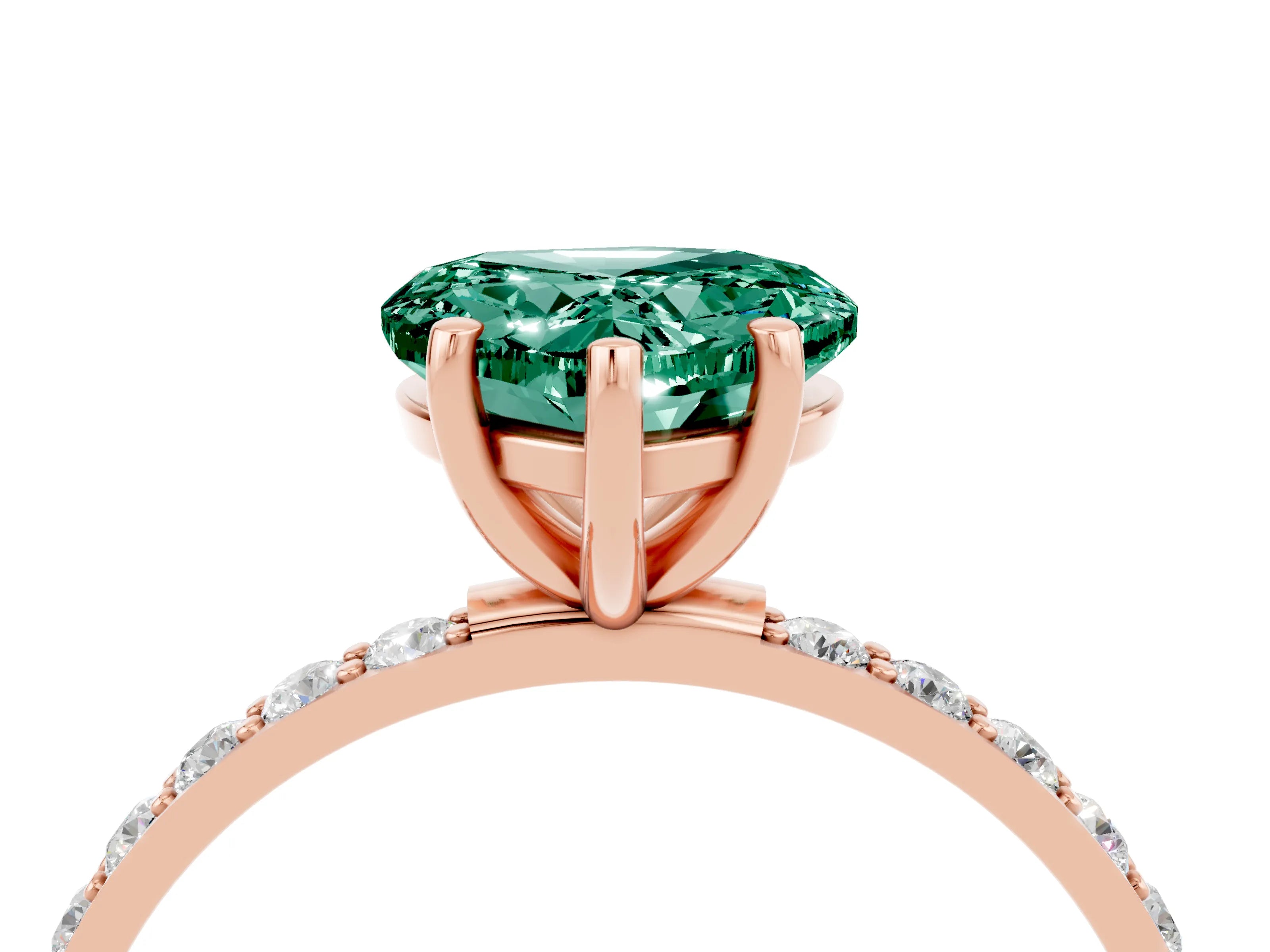 Rose gold Heart Cut Green Sapphire Solitaire Ring with Pave Band and Four Prong Setting_28