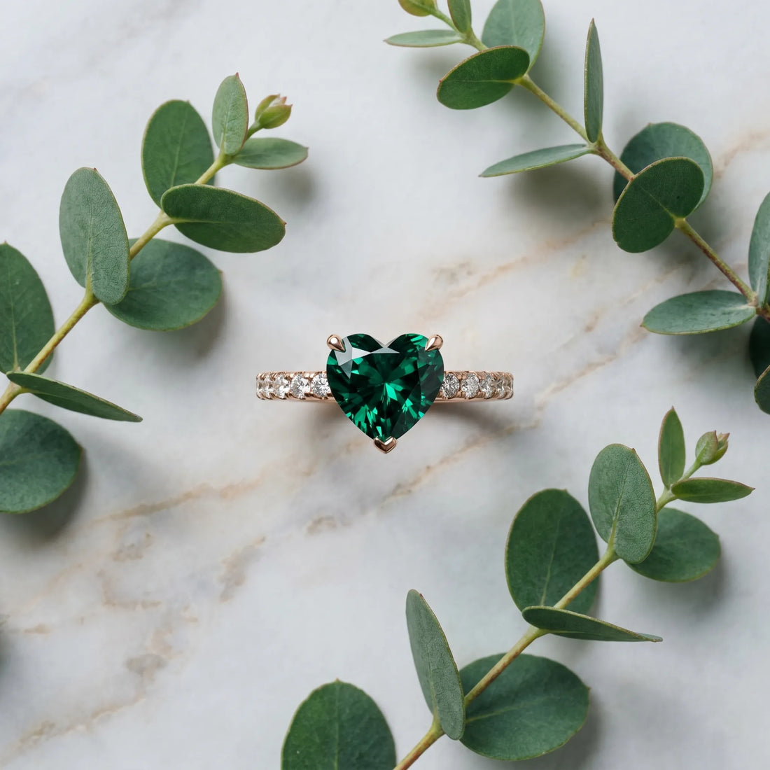 Rose gold Heart Cut Green Sapphire Solitaire Ring with Round  Pavé Band and Four-Prong Setting_45