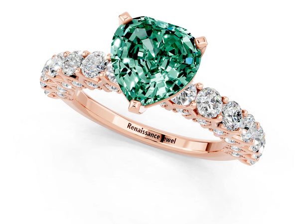 Rose gold Heart Cut Green Sapphire Solitaire Ring with Shared Prong Pavé Band and Four-Prong Setting