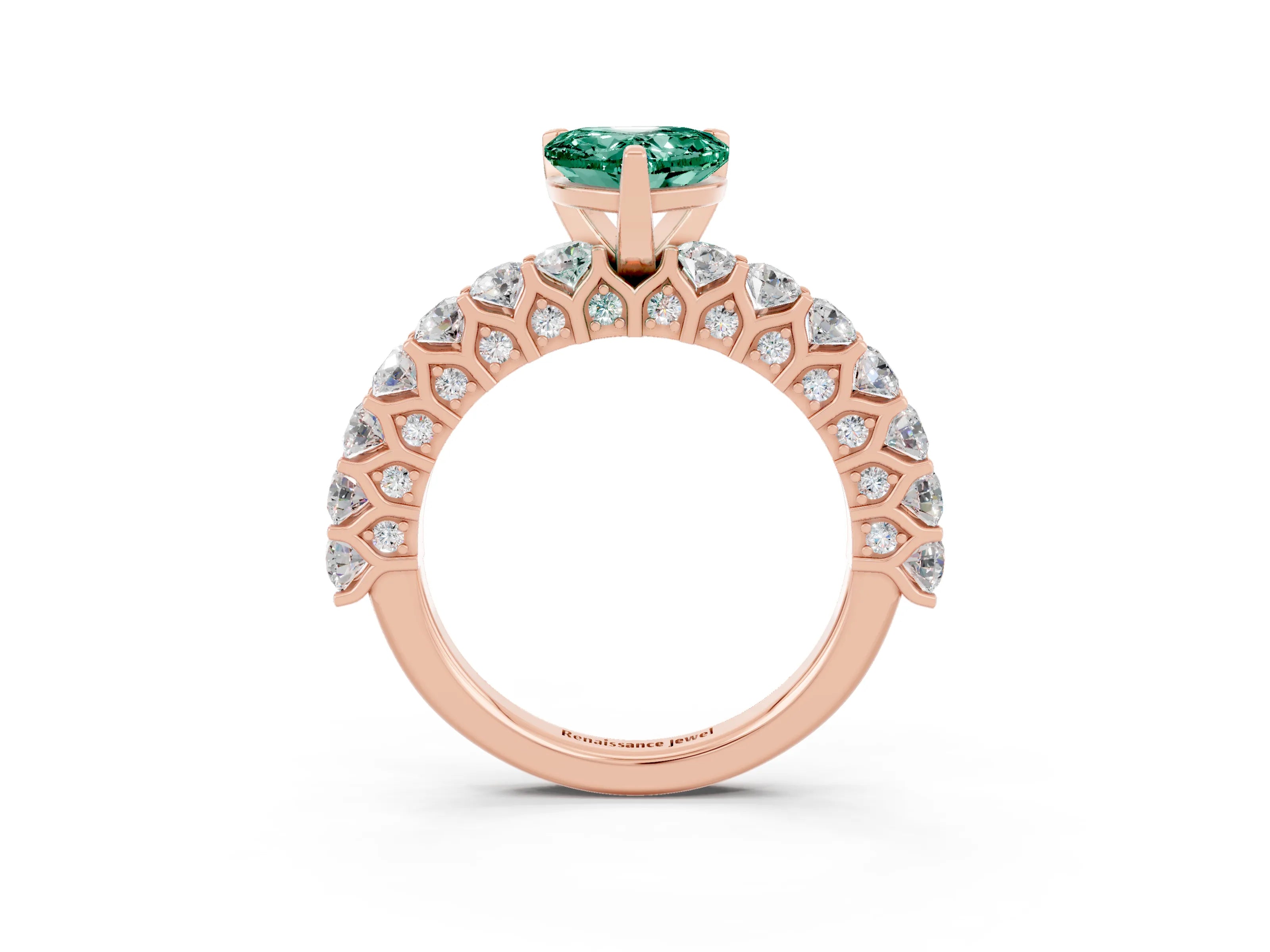 Rose gold Heart Cut Green Sapphire Solitaire Ring with Shared Prong Pavé Band and Four-Prong Setting_15