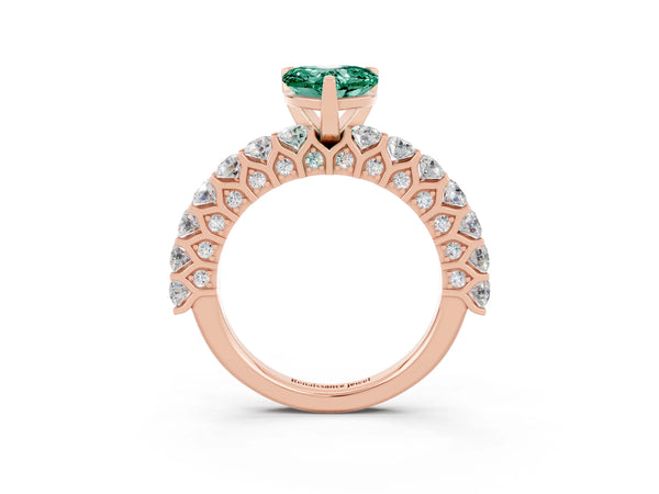 Rose gold Heart Cut Green Sapphire Solitaire Ring with Shared Prong Pavé Band and Four-Prong Setting