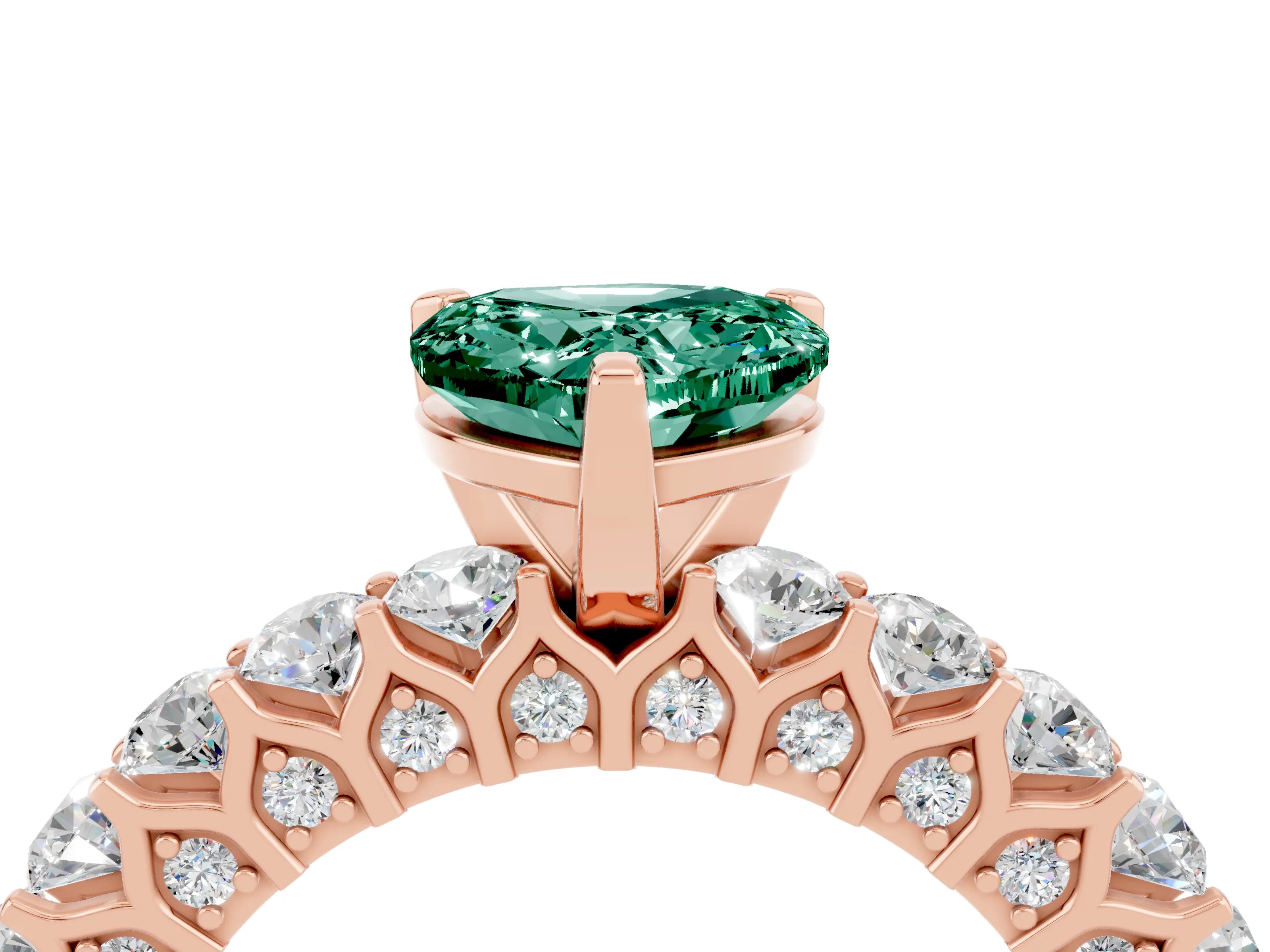 Rose gold Heart Cut Green Sapphire Solitaire Ring with Shared Prong Pavé Band and Four-Prong Setting_16