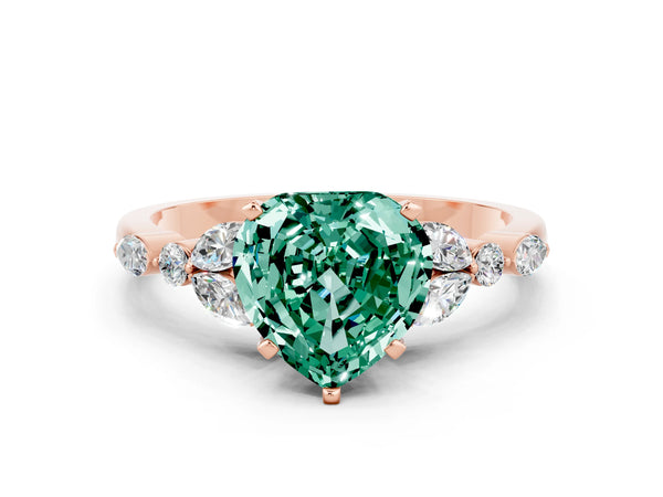 Rose gold Heart Cut Green Sapphire Solitaire Ring with Side Stones and Four-Prong Setting