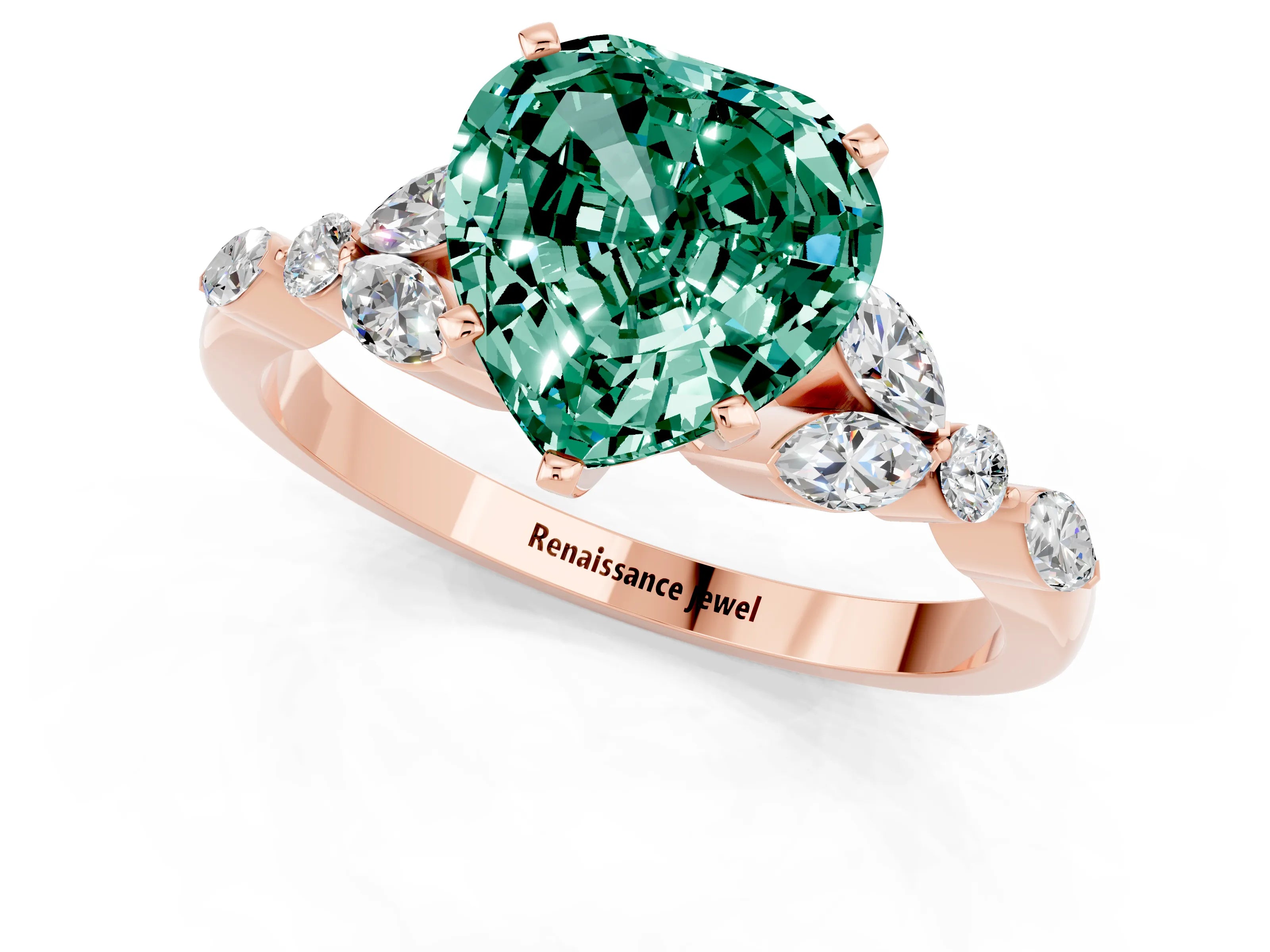 Rose gold Heart Cut Green Sapphire Solitaire Ring with Side Stones and Four-Prong Setting_13