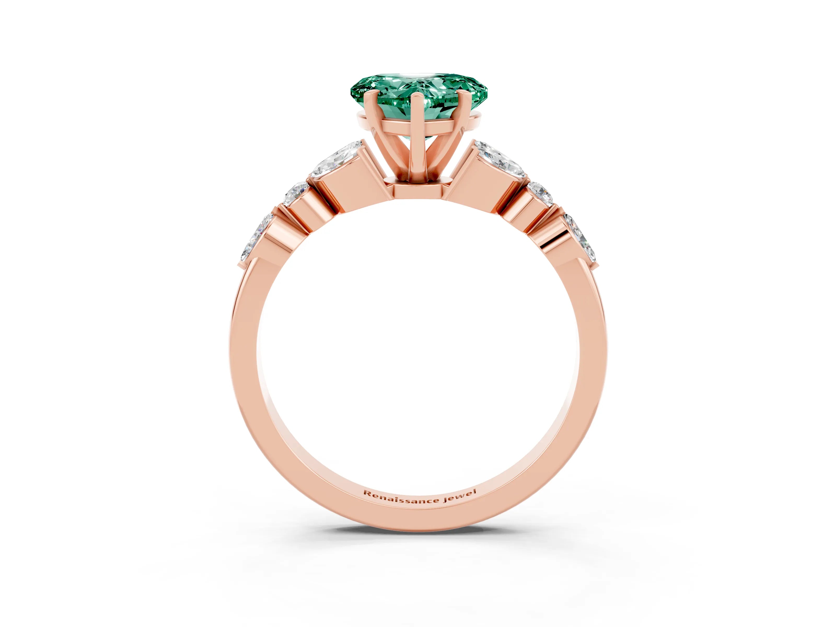 Rose gold Heart Cut Green Sapphire Solitaire Ring with Side Stones and Four-Prong Setting_15