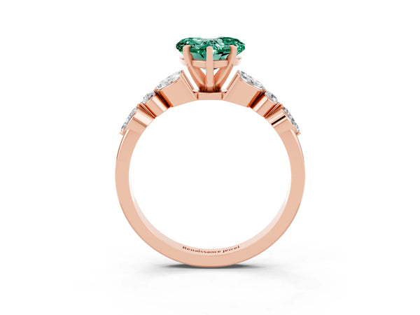 Rose gold Heart Cut Green Sapphire Solitaire Ring with Side Stones and Four-Prong Setting