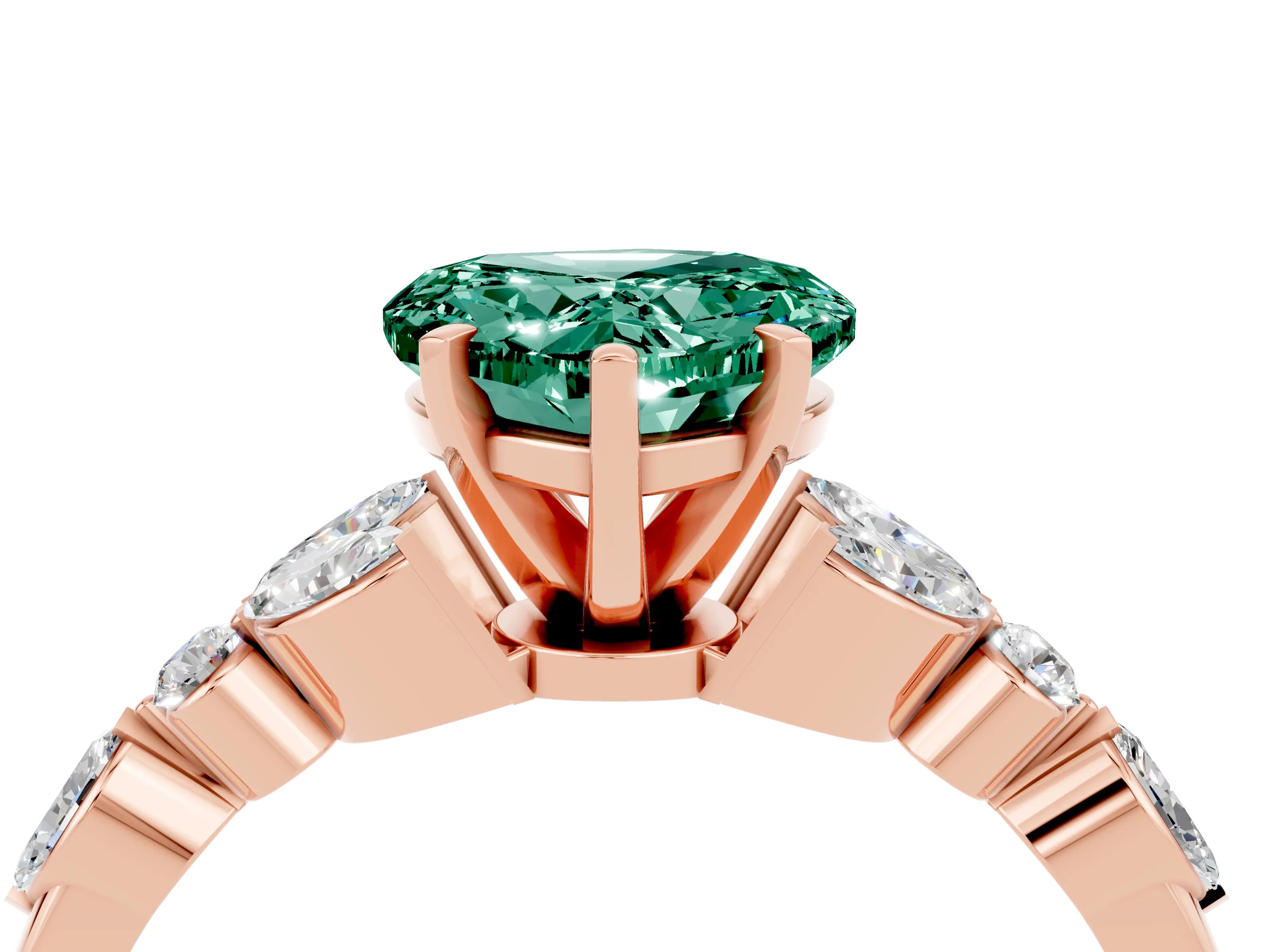 Rose gold Heart Cut Green Sapphire Solitaire Ring with Side Stones and Four-Prong Setting_16