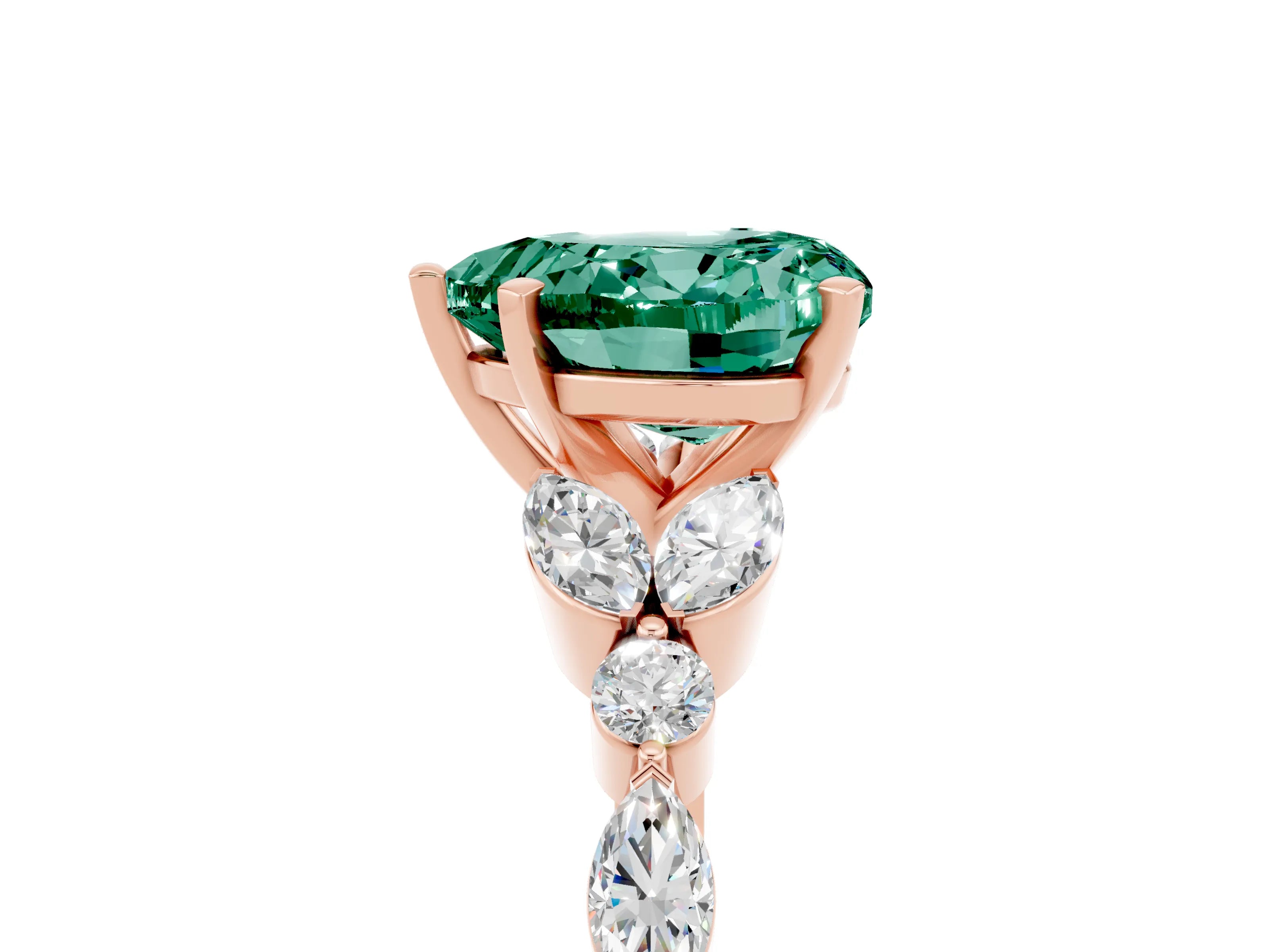 Rose gold Heart Cut Green Sapphire Solitaire Ring with Side Stones and Four-Prong Setting_17