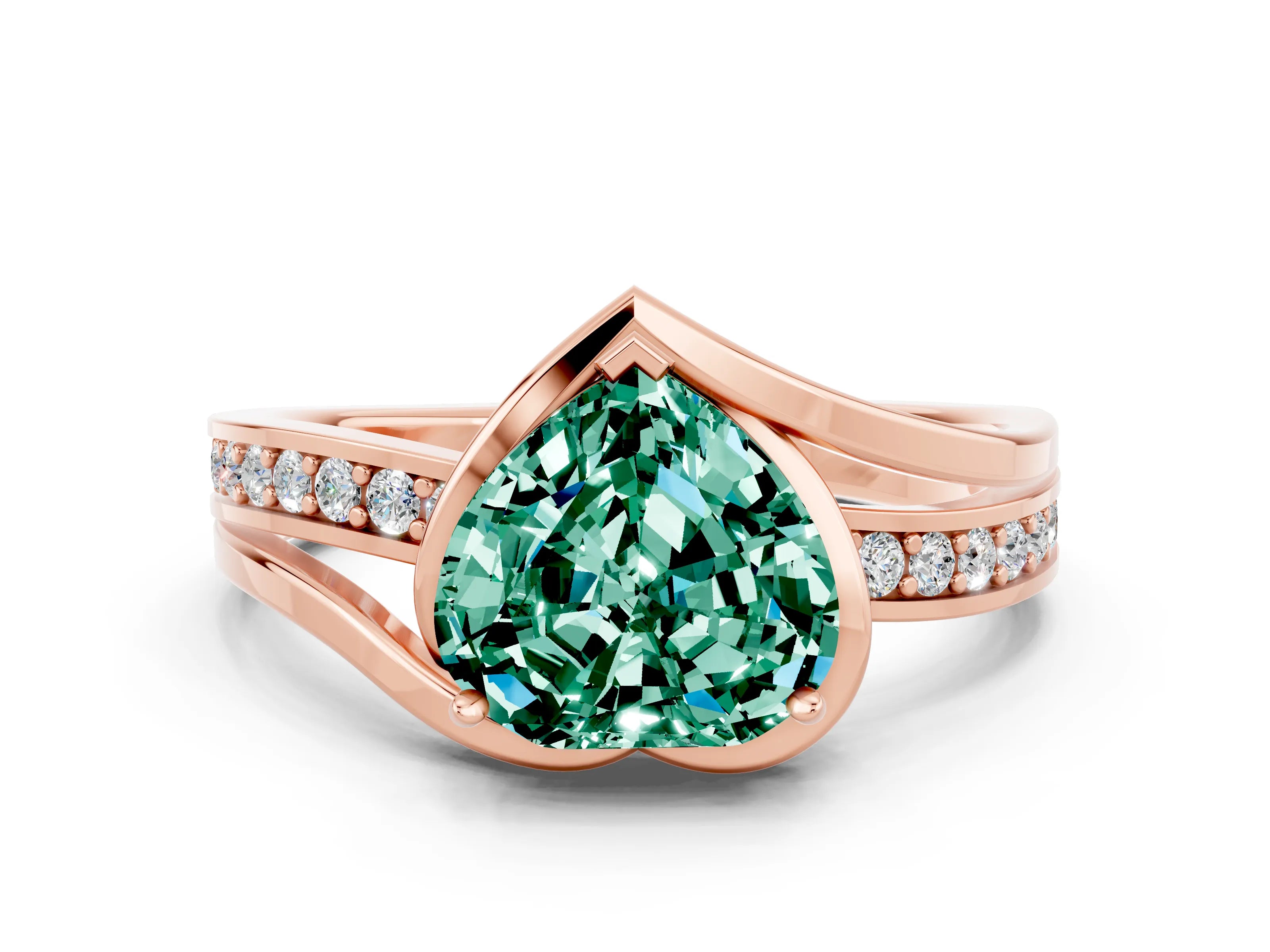 Rose gold Heart Cut Green Sapphire Solitaire Ring with Split Shank and Prong Setting