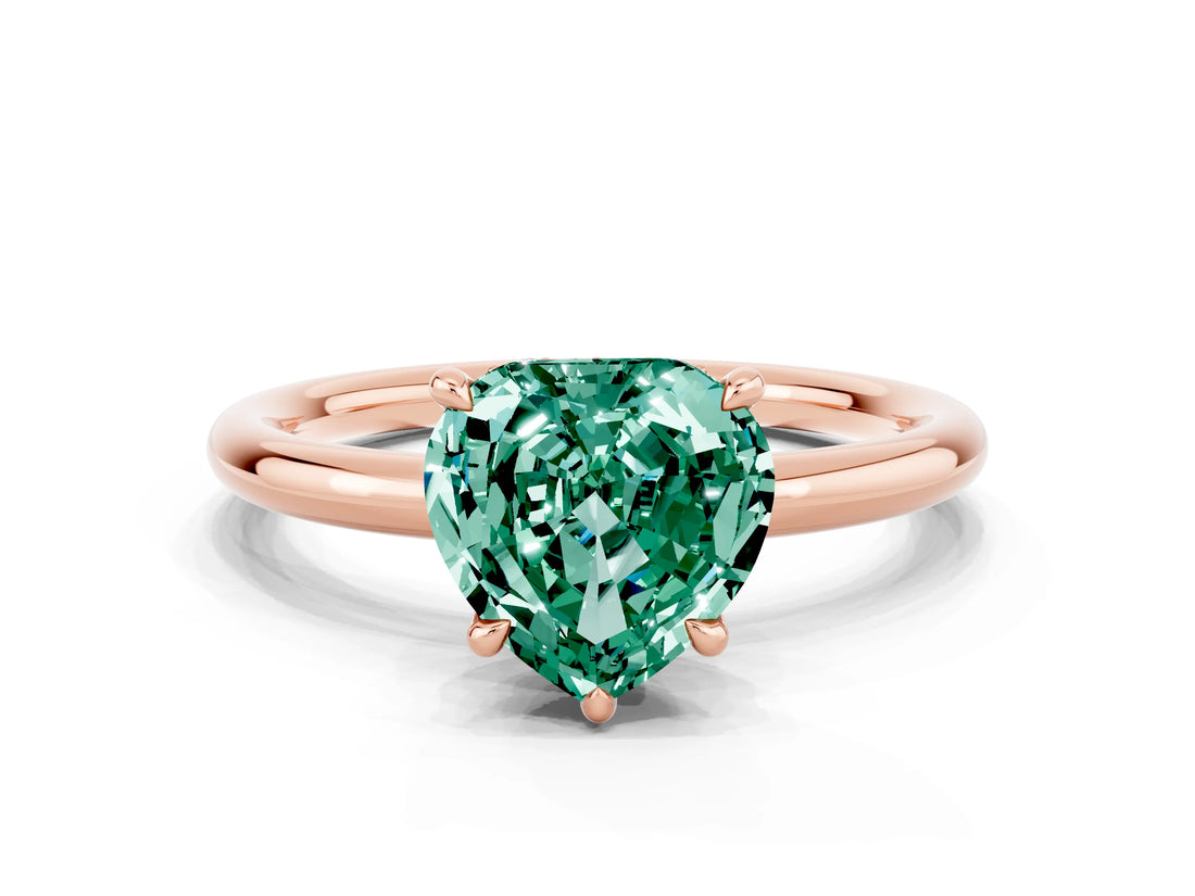 Rose gold Heart Cut Green Sapphire Solitaire Ring with Thin Band and Four-Prong Setting