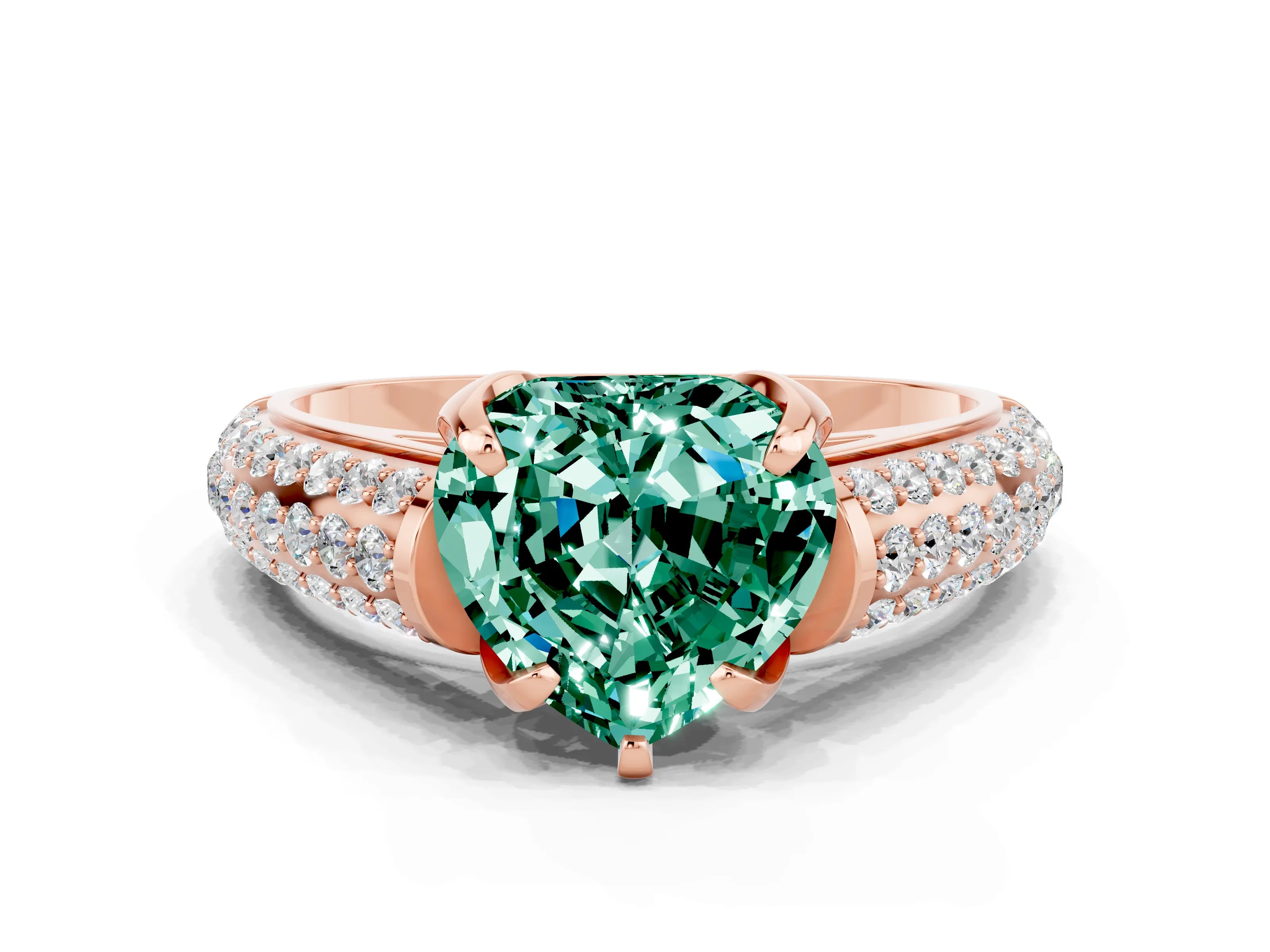 Rose gold Heart Cut Green Sapphire Solitaire Ring with Three-Row Pavé Band and Four-Prong Setting_12