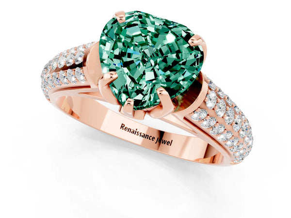 Rose gold Heart Cut Green Sapphire Solitaire Ring with Three-Row Pavé Band and Four-Prong Setting
