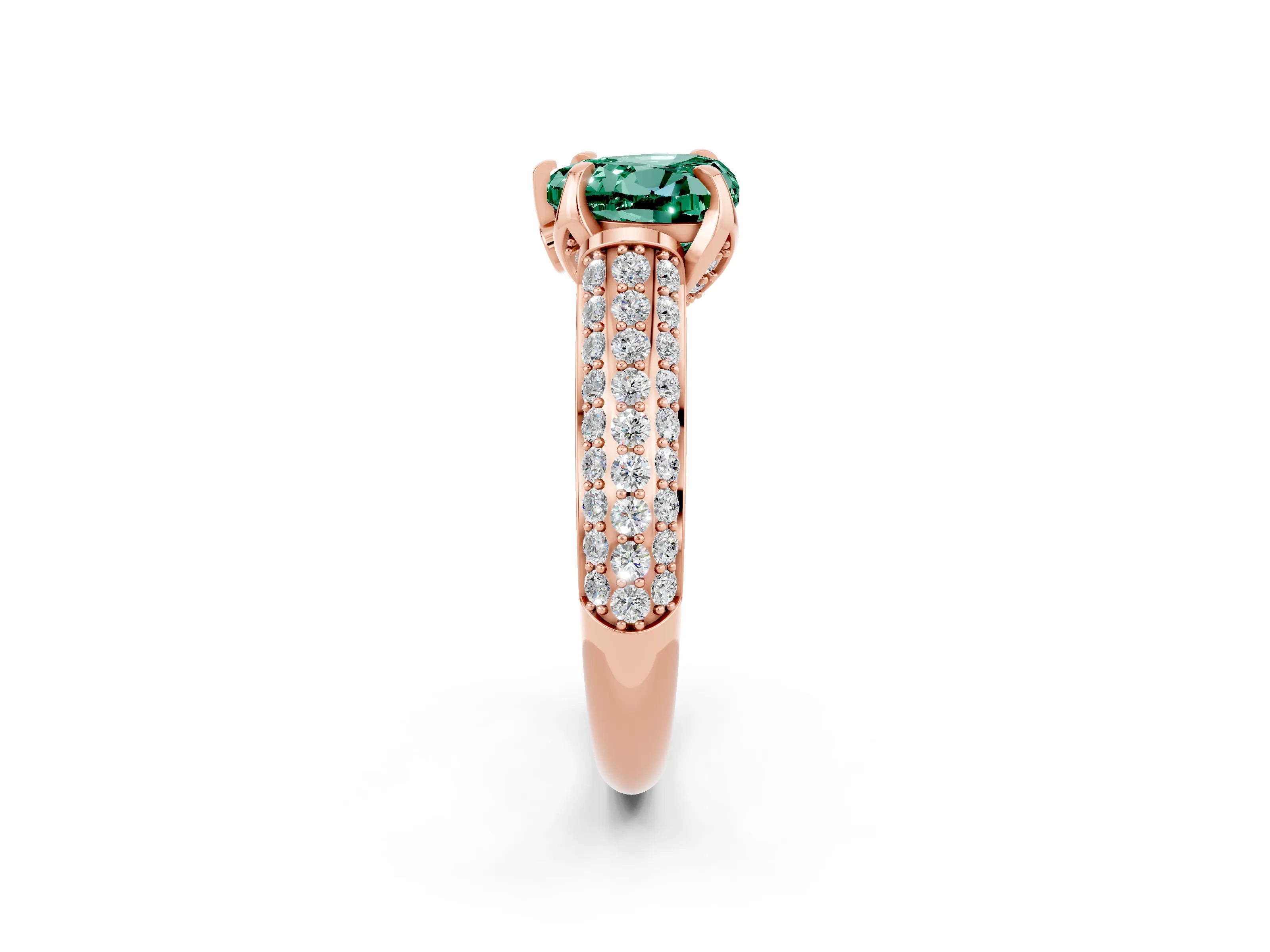 Rose gold Heart Cut Green Sapphire Solitaire Ring with Three-Row Pavé Band and Four-Prong Setting_14