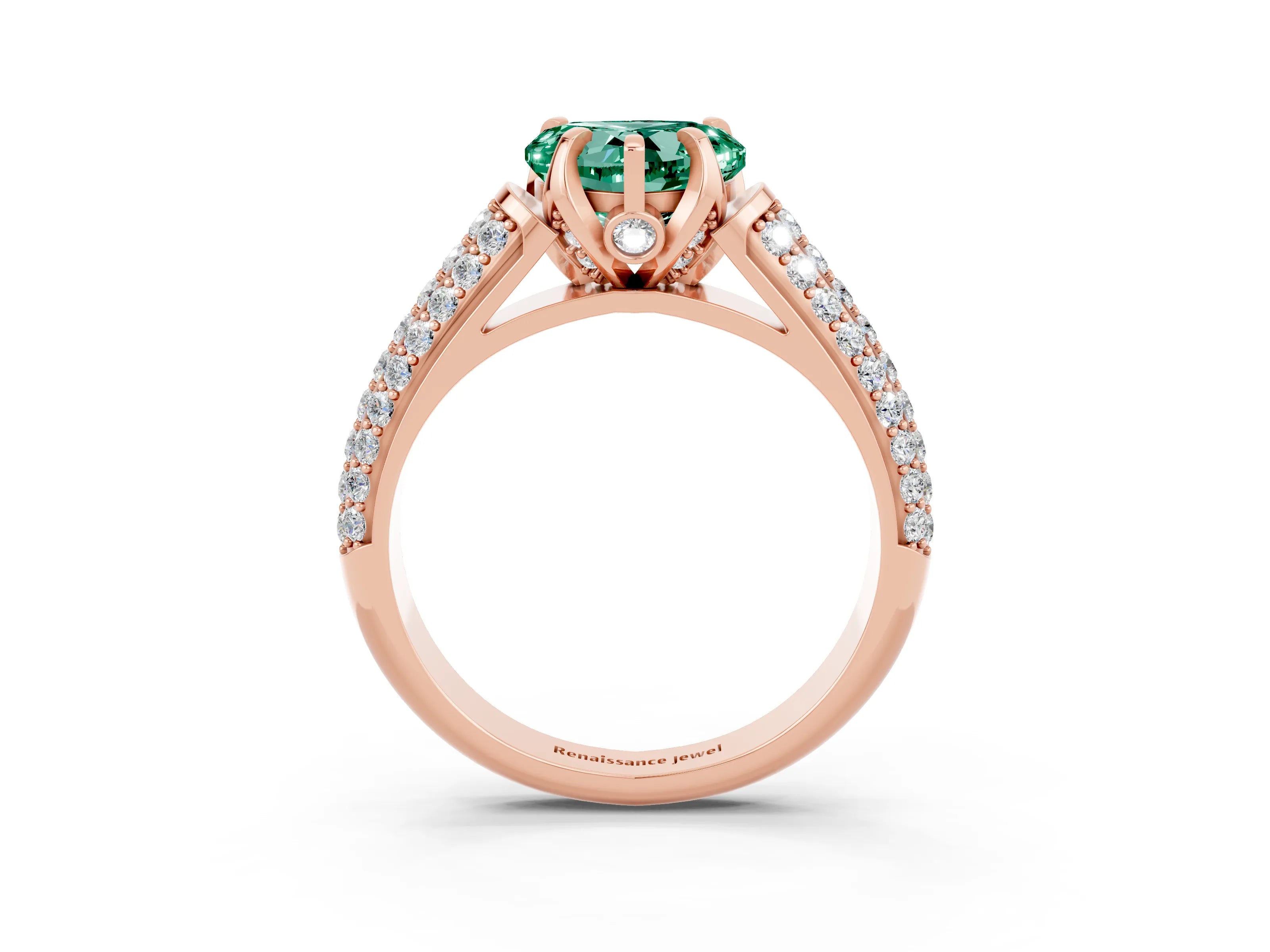 Rose gold Heart Cut Green Sapphire Solitaire Ring with Three-Row Pavé Band and Four-Prong Setting_15