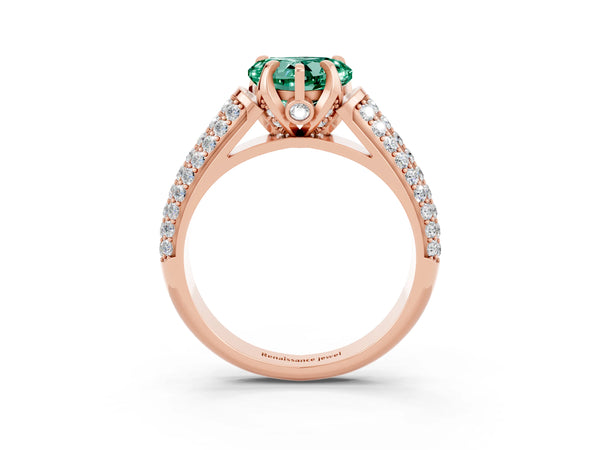 Rose gold Heart Cut Green Sapphire Solitaire Ring with Three-Row Pavé Band and Four-Prong Setting