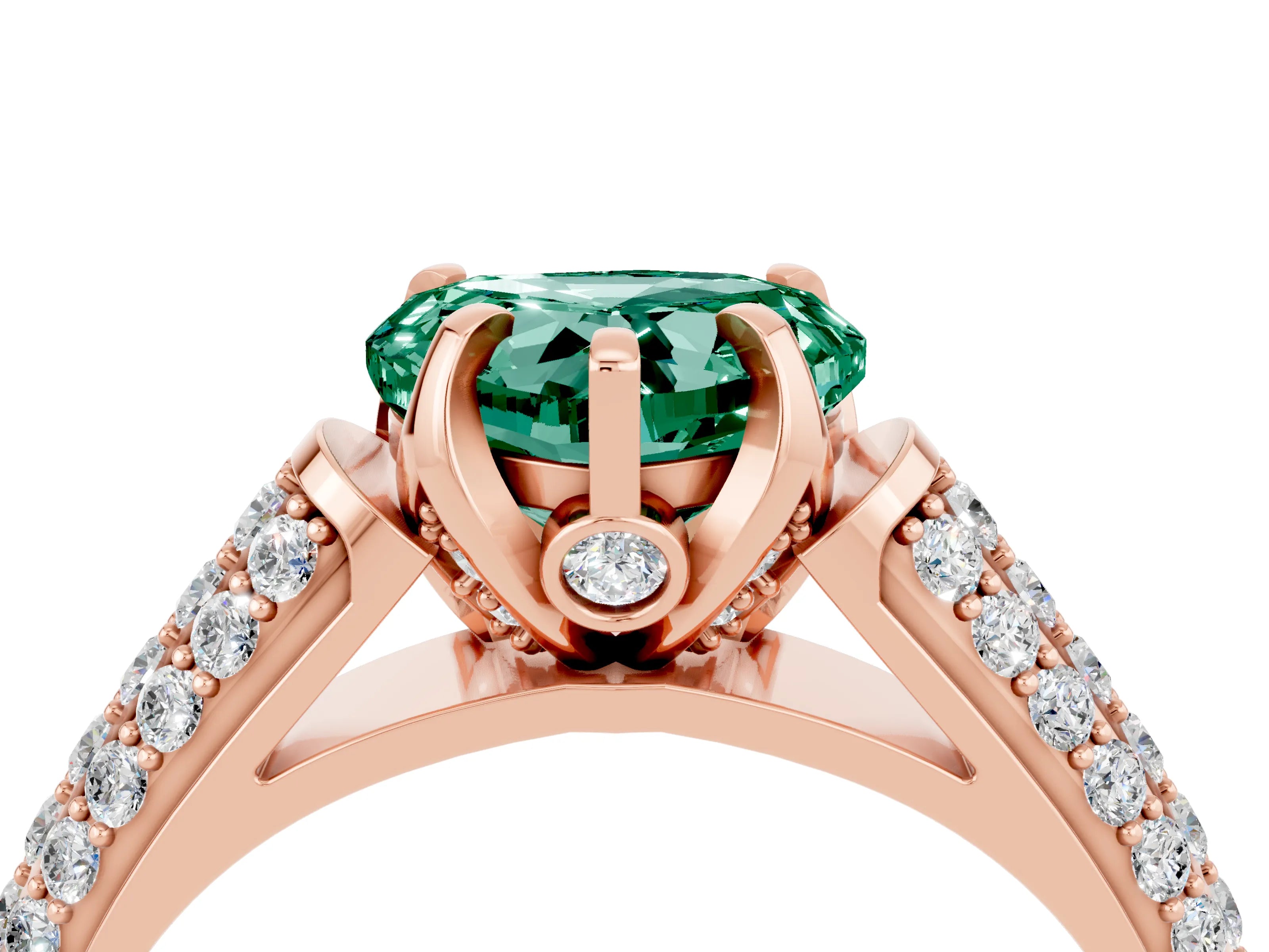 Rose gold Heart Cut Green Sapphire Solitaire Ring with Three-Row Pavé Band and Four-Prong Setting_16