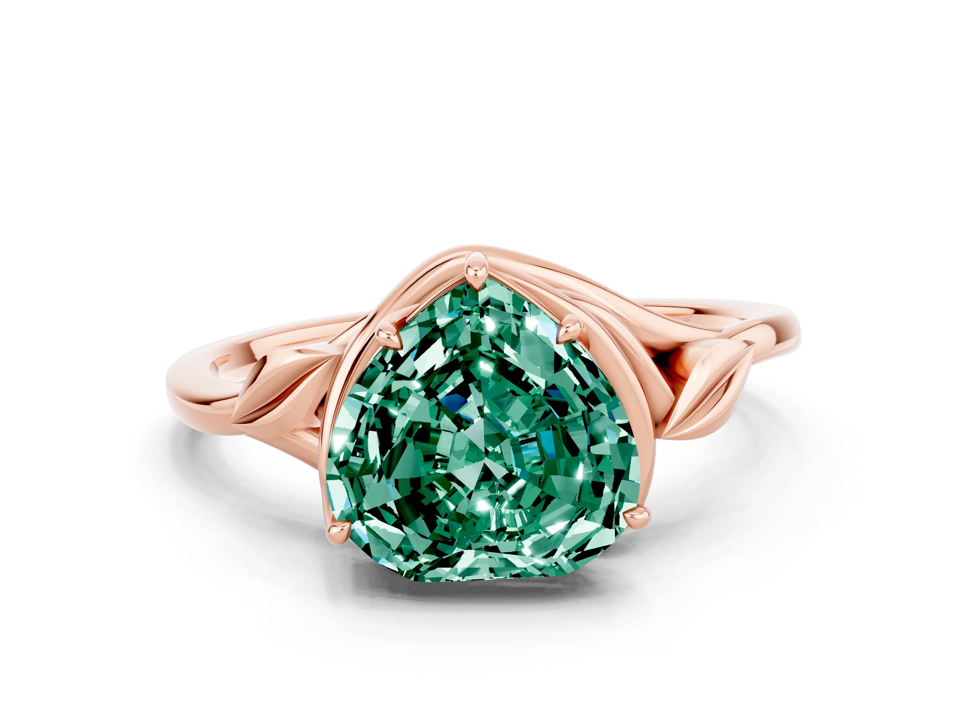 Rose gold Heart Cut Green Sapphire Solitaire Ring with Twist Band and Four-Prong Setting_24