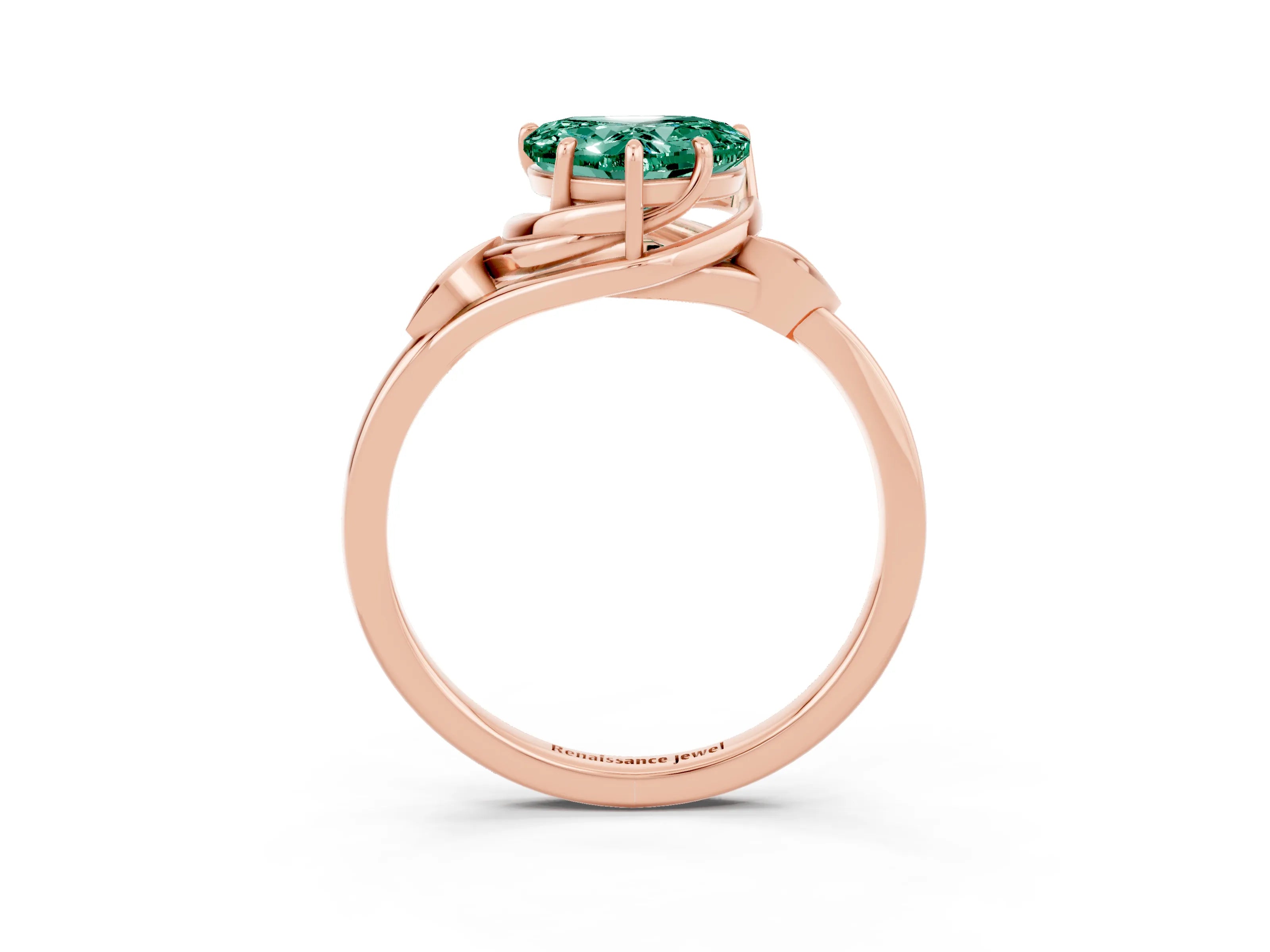 Rose gold Heart Cut Green Sapphire Solitaire Ring with Twist Band and Four-Prong Setting_27