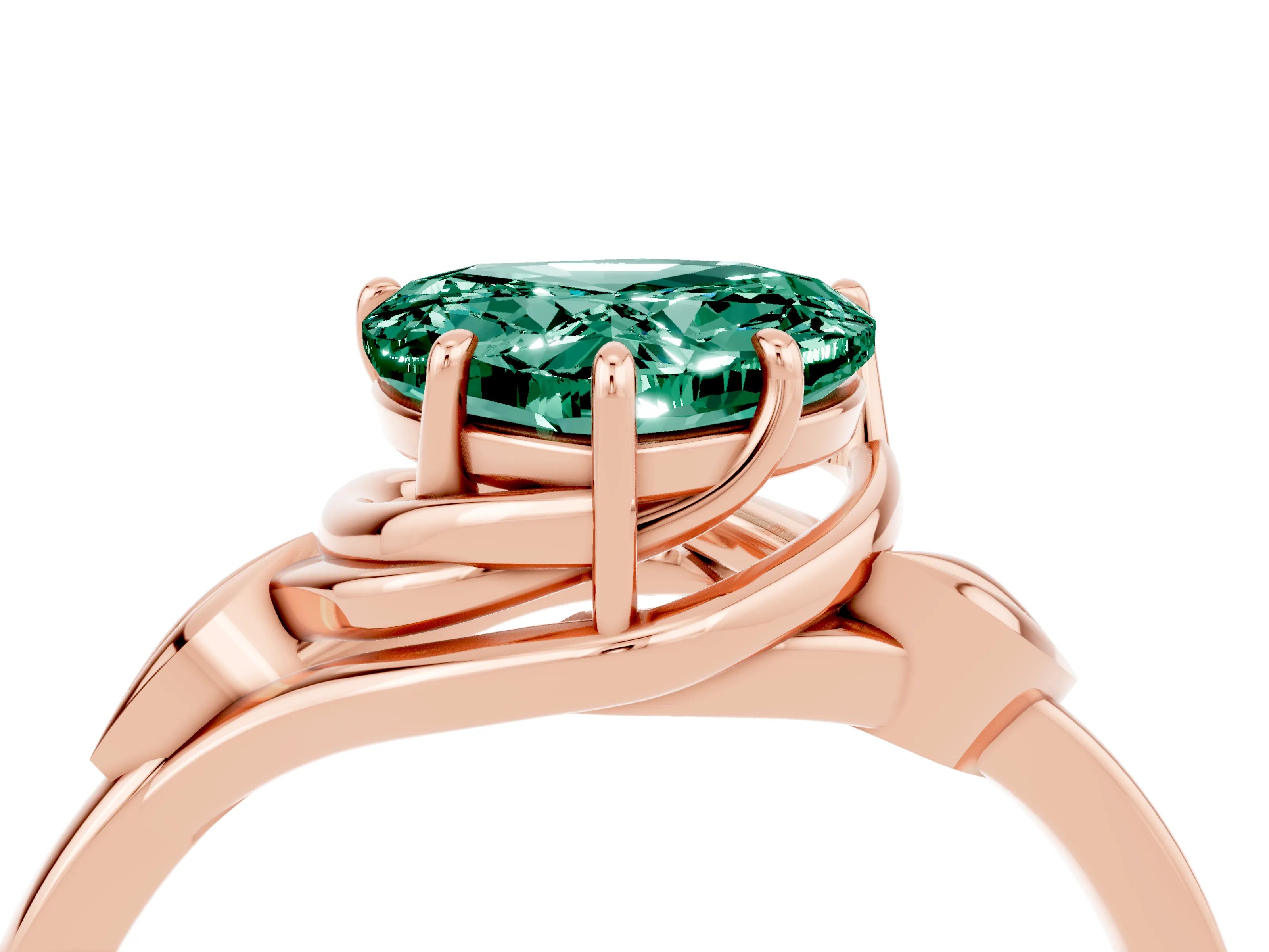 Rose gold Heart Cut Green Sapphire Solitaire Ring with Twist Band and Four-Prong Setting_28