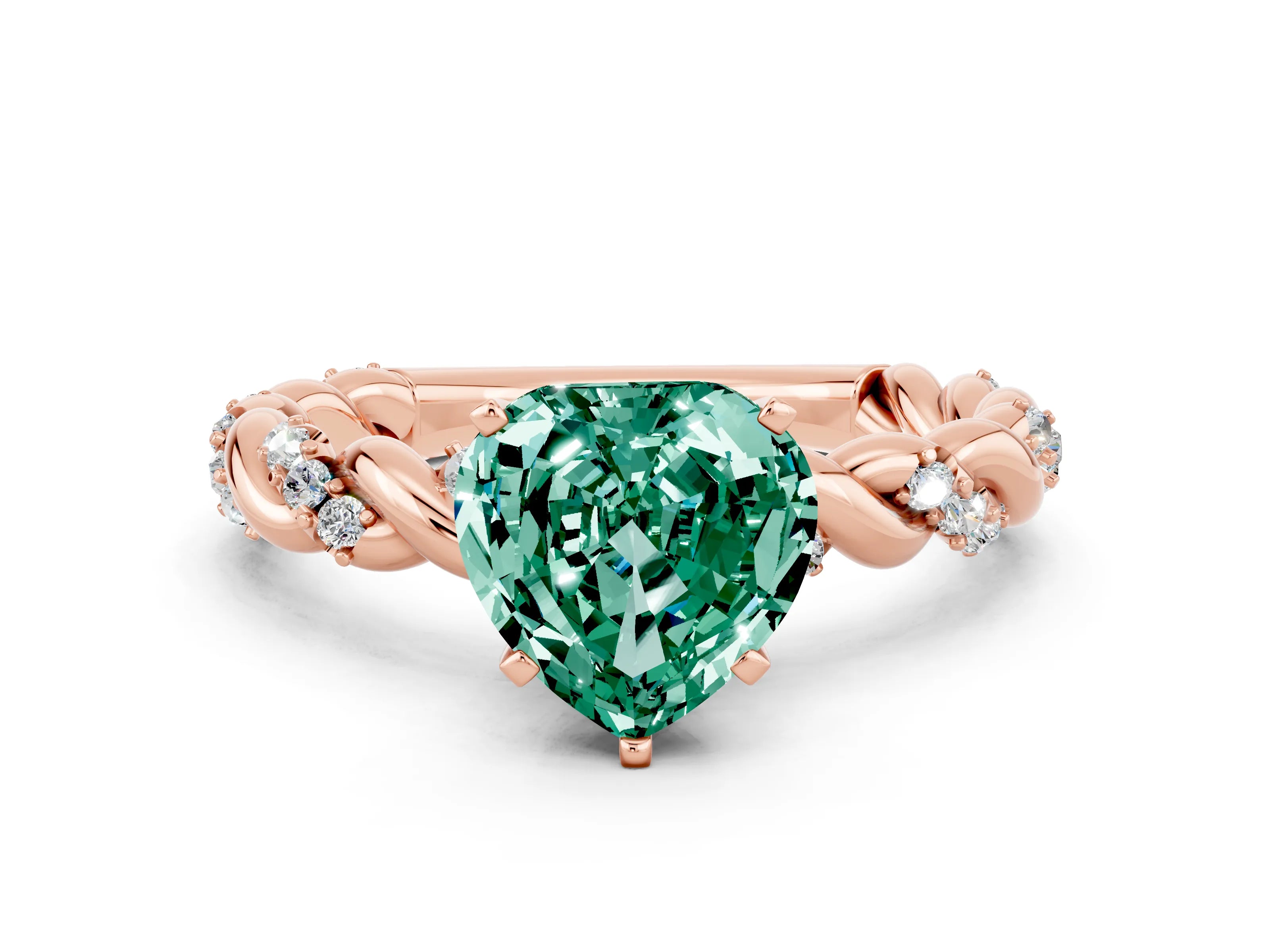 Rose gold Heart Cut Green Sapphire Solitaire Ring with Twisted Band and Pavé Accents