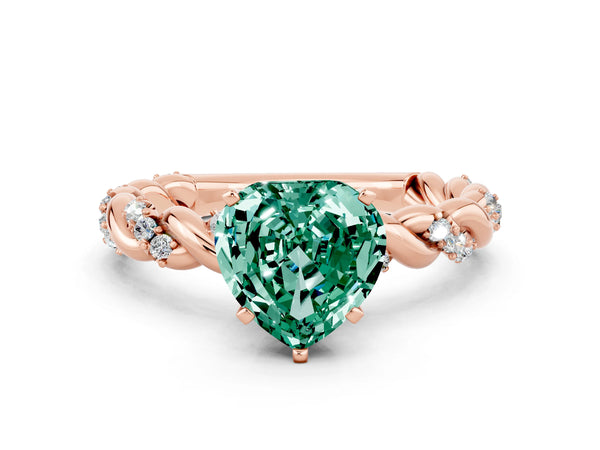 Rose gold Heart Cut Green Sapphire Solitaire Ring with Twisted Band and Pavé Accents