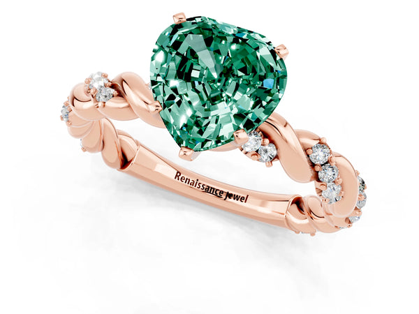 Rose gold Heart Cut Green Sapphire Solitaire Ring with Twisted Band and Pavé Accents