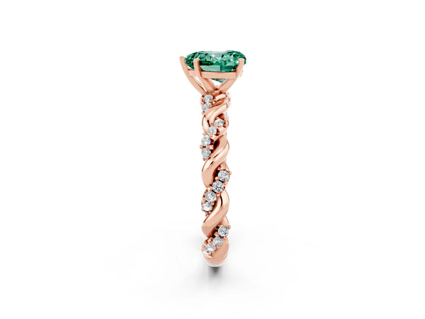 Rose gold Heart Cut Green Sapphire Solitaire Ring with Twisted Band and Pavé Accents