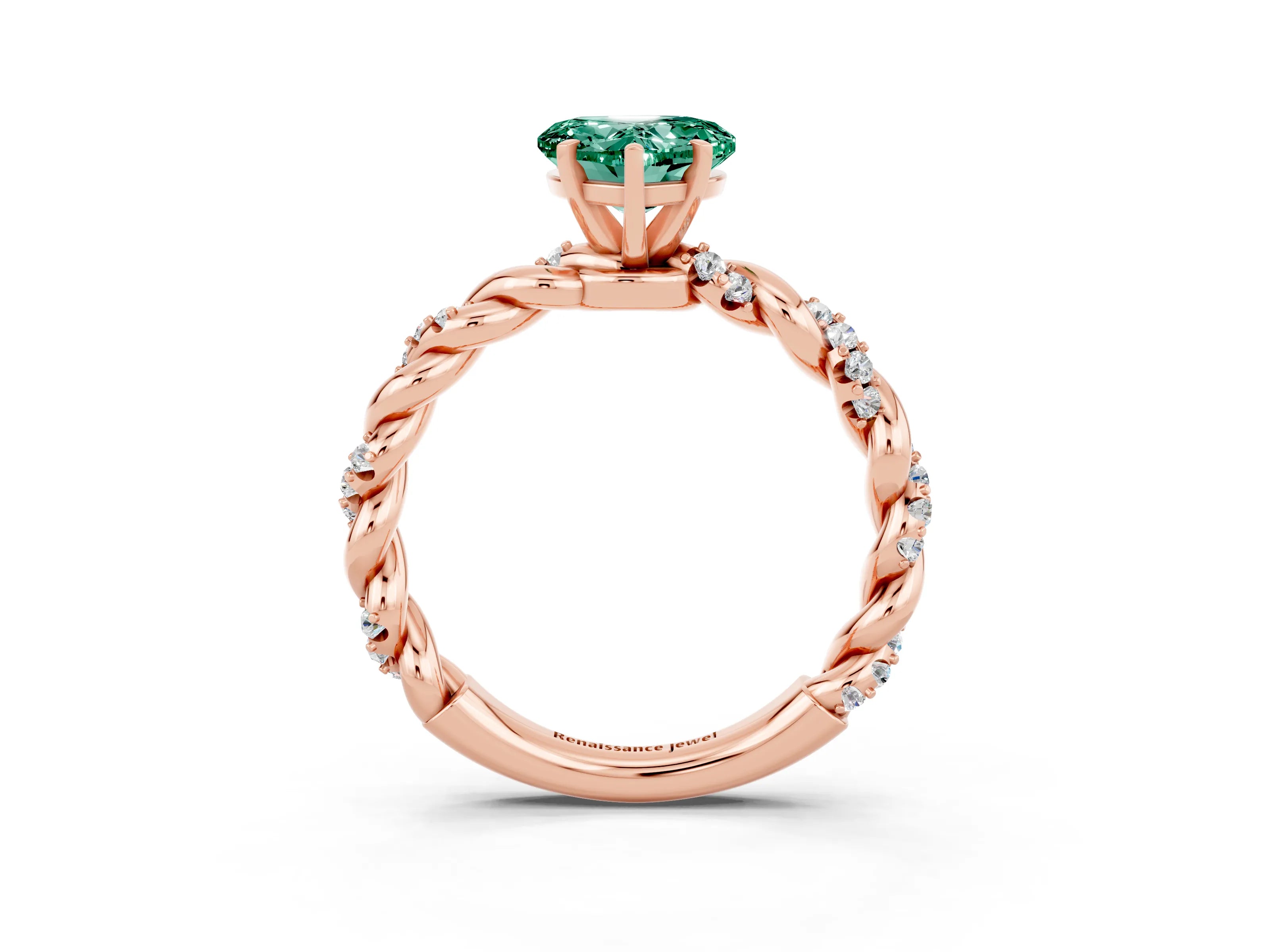 Rose gold Heart Cut Green Sapphire Solitaire Ring with Twisted Band and Pavé Accents_3