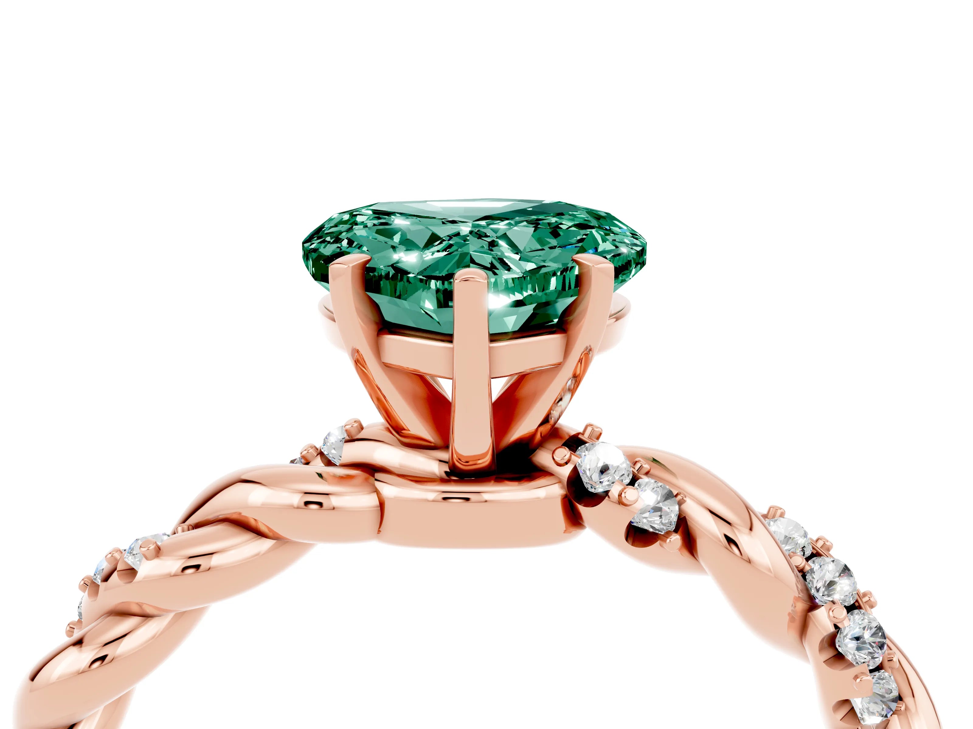 Rose gold Heart Cut Green Sapphire Solitaire Ring with Twisted Band and Pavé Accents_4