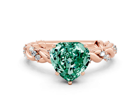 Rose gold Heart Cut Green Sapphire Solitaire Ring with Twisted Band and Pavé Accents