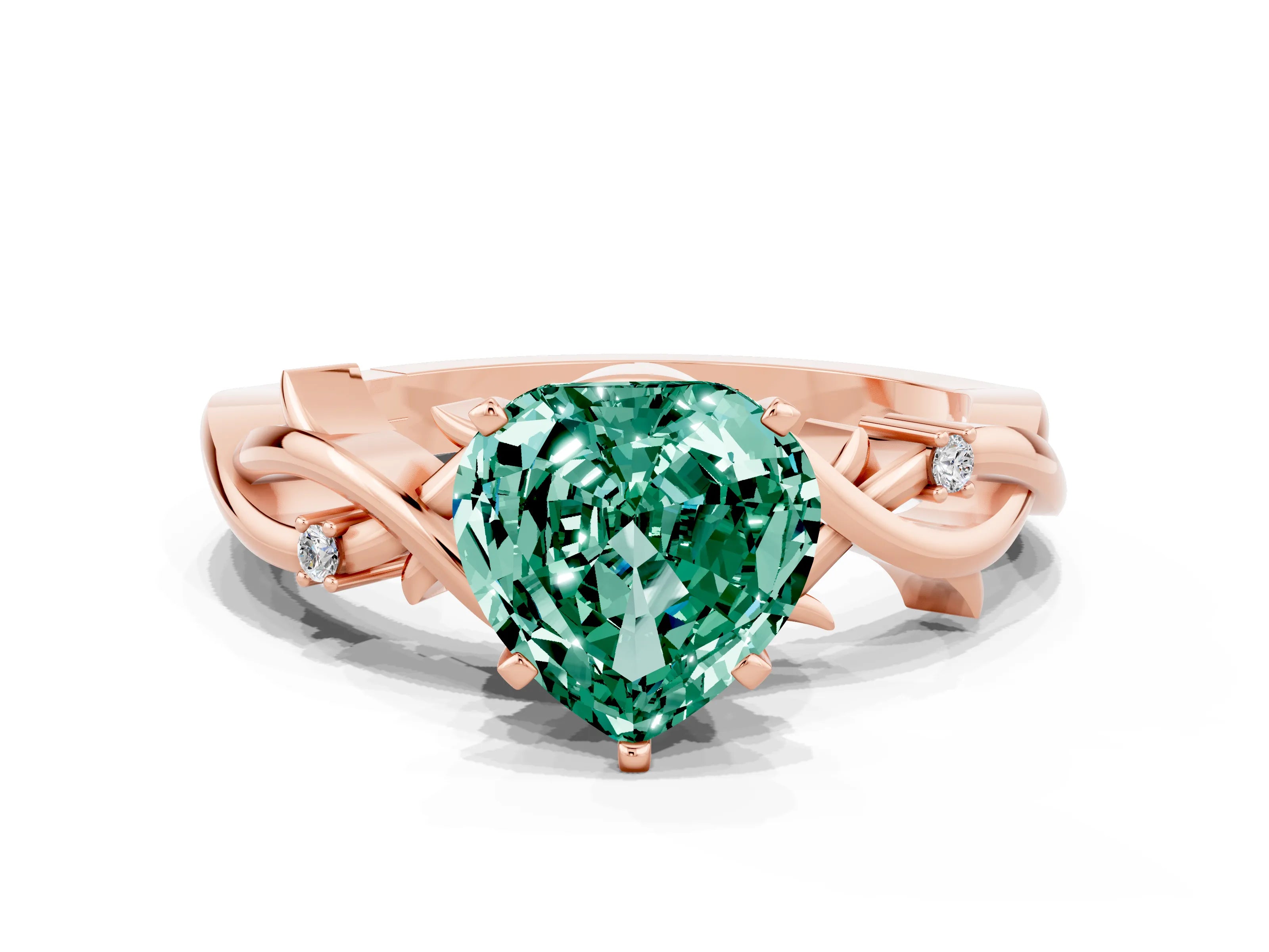 Rose gold Heart Cut Green Sapphire Solitaire Ring with Twisted Band and Prong Setting