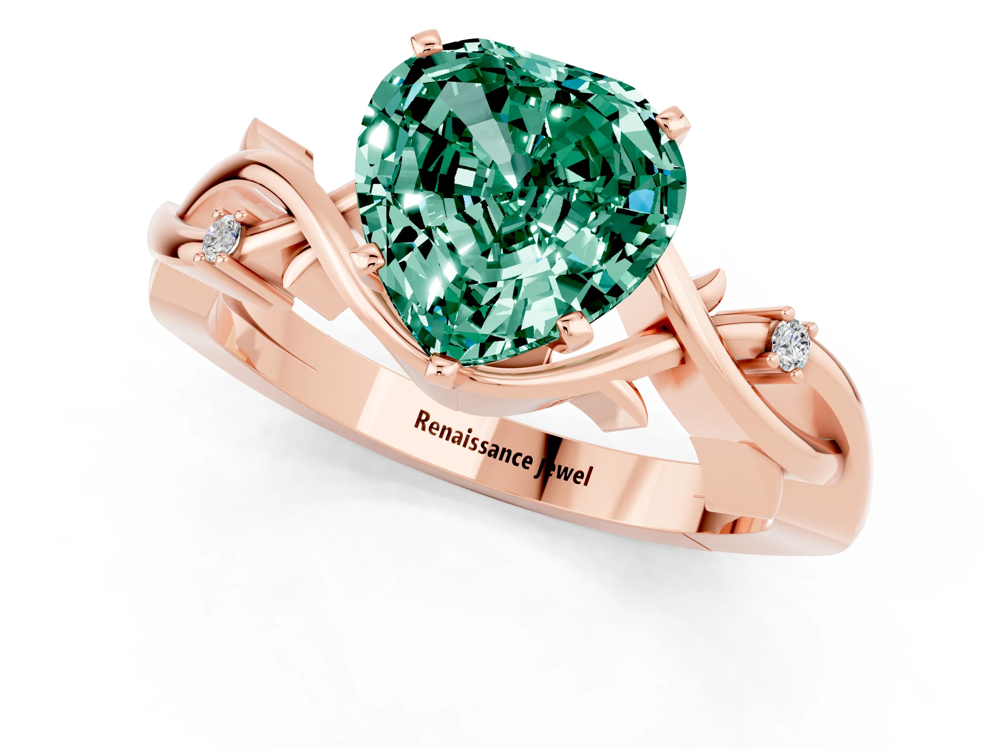 Rose gold Heart Cut Green Sapphire Solitaire Ring with Twisted Band and Prong Setting_1