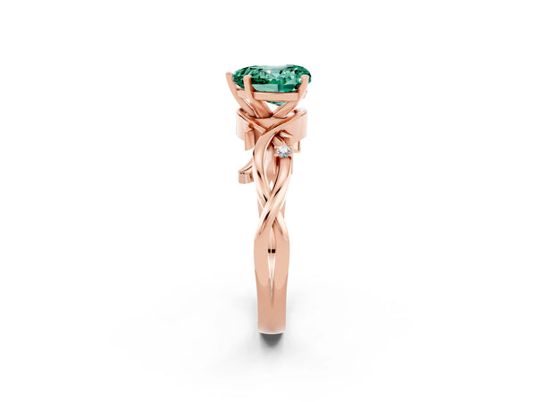 Rose gold Heart Cut Green Sapphire Solitaire Ring with Twisted Band and Prong Setting