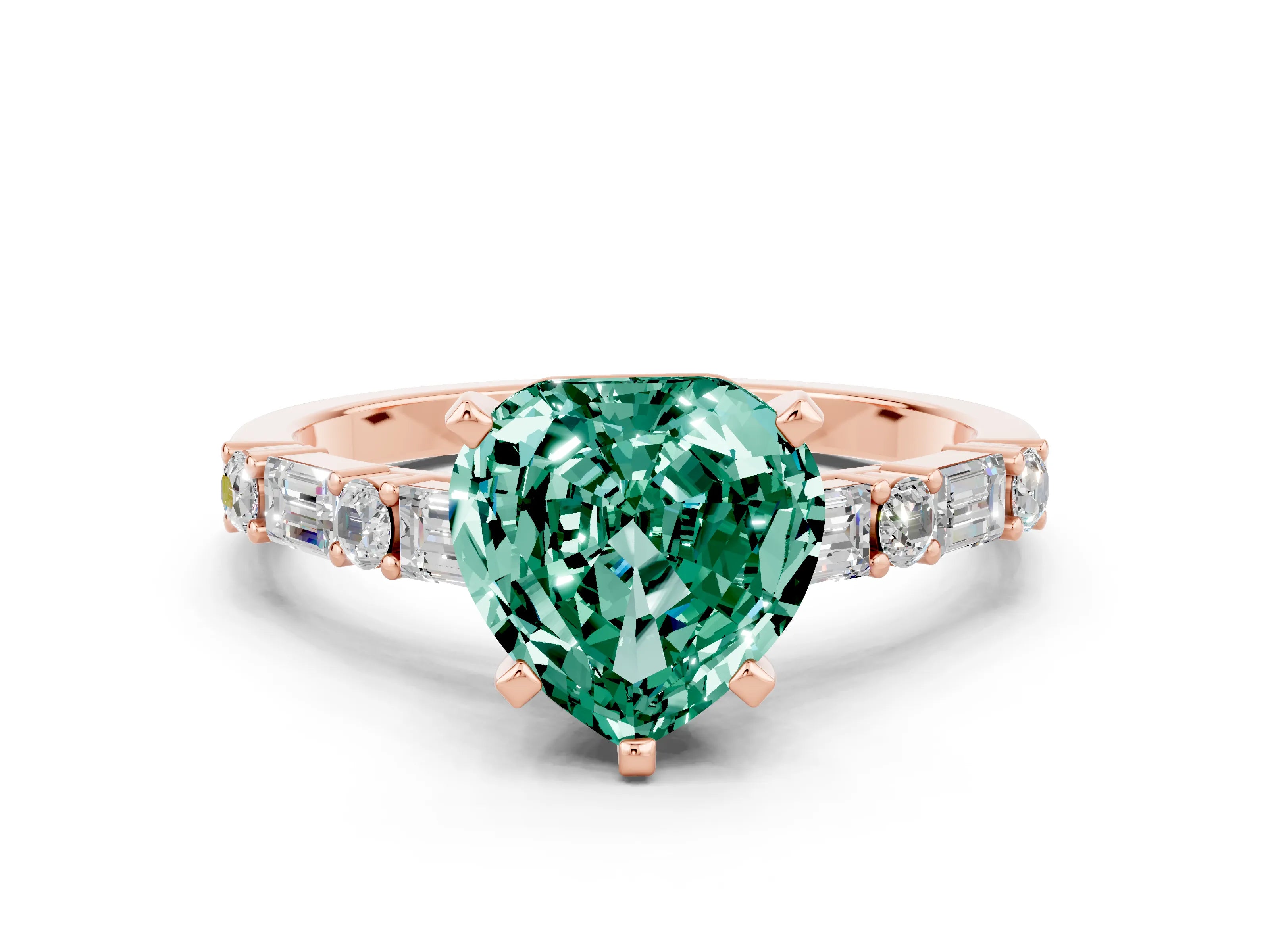 Rose gold Heart Cut Green Sapphire Solitaire with Side Baguettes and Channel Set Band